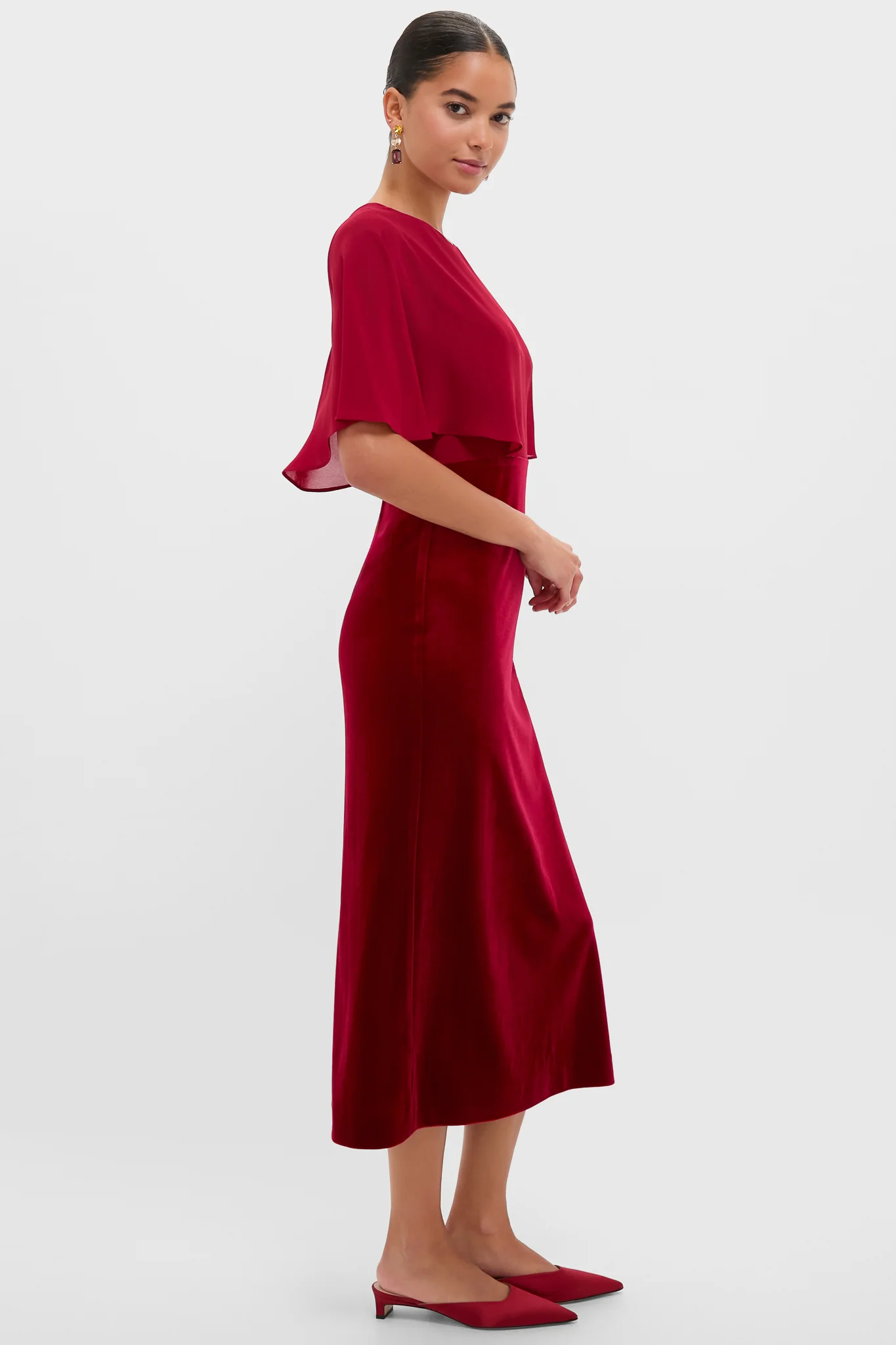 Cranberry Velvet Chiffon Mixed Media Cape Leah Dress - Image 3