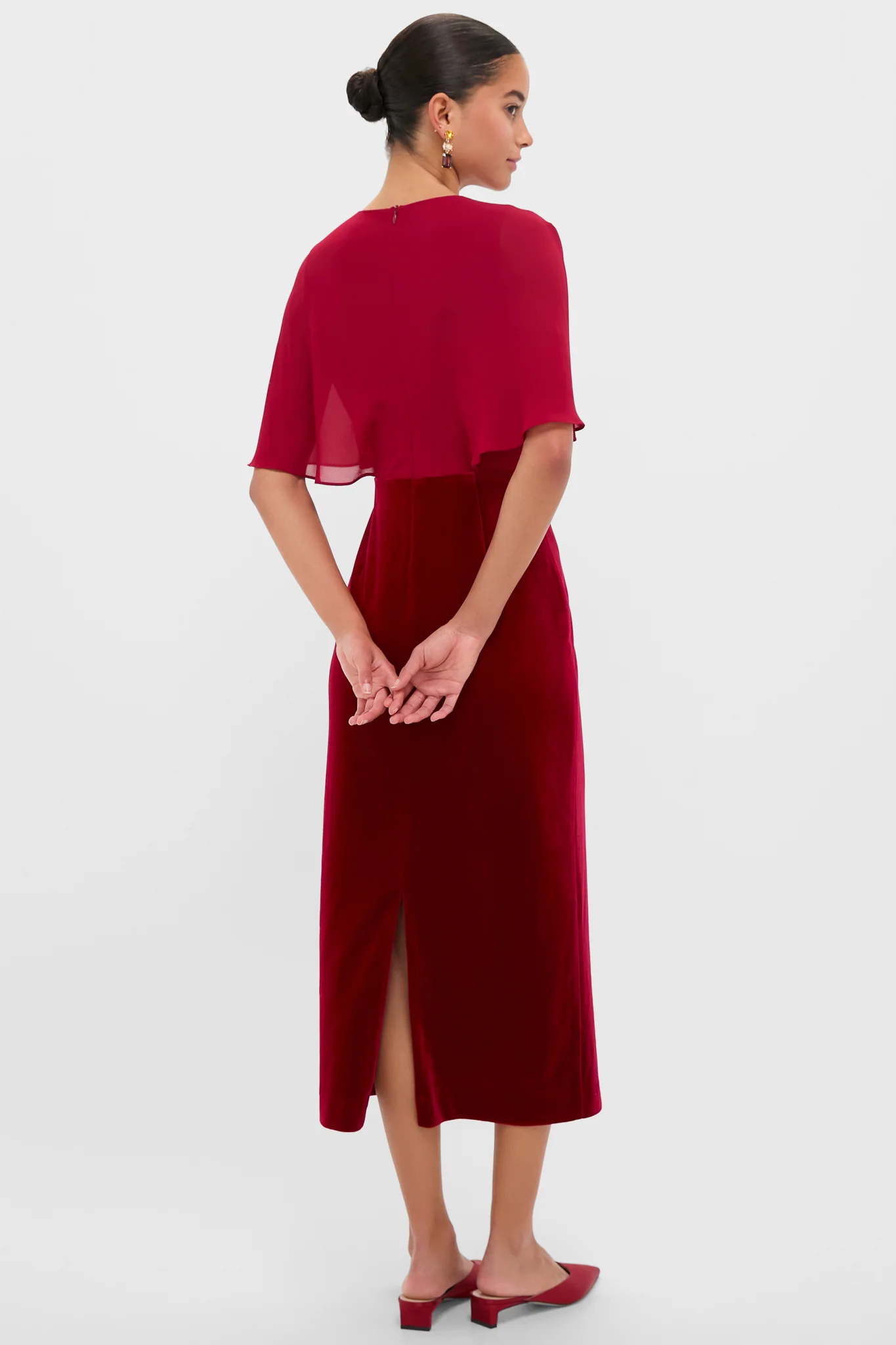 Cranberry Velvet Chiffon Mixed Media Cape Leah Dress - Image 4