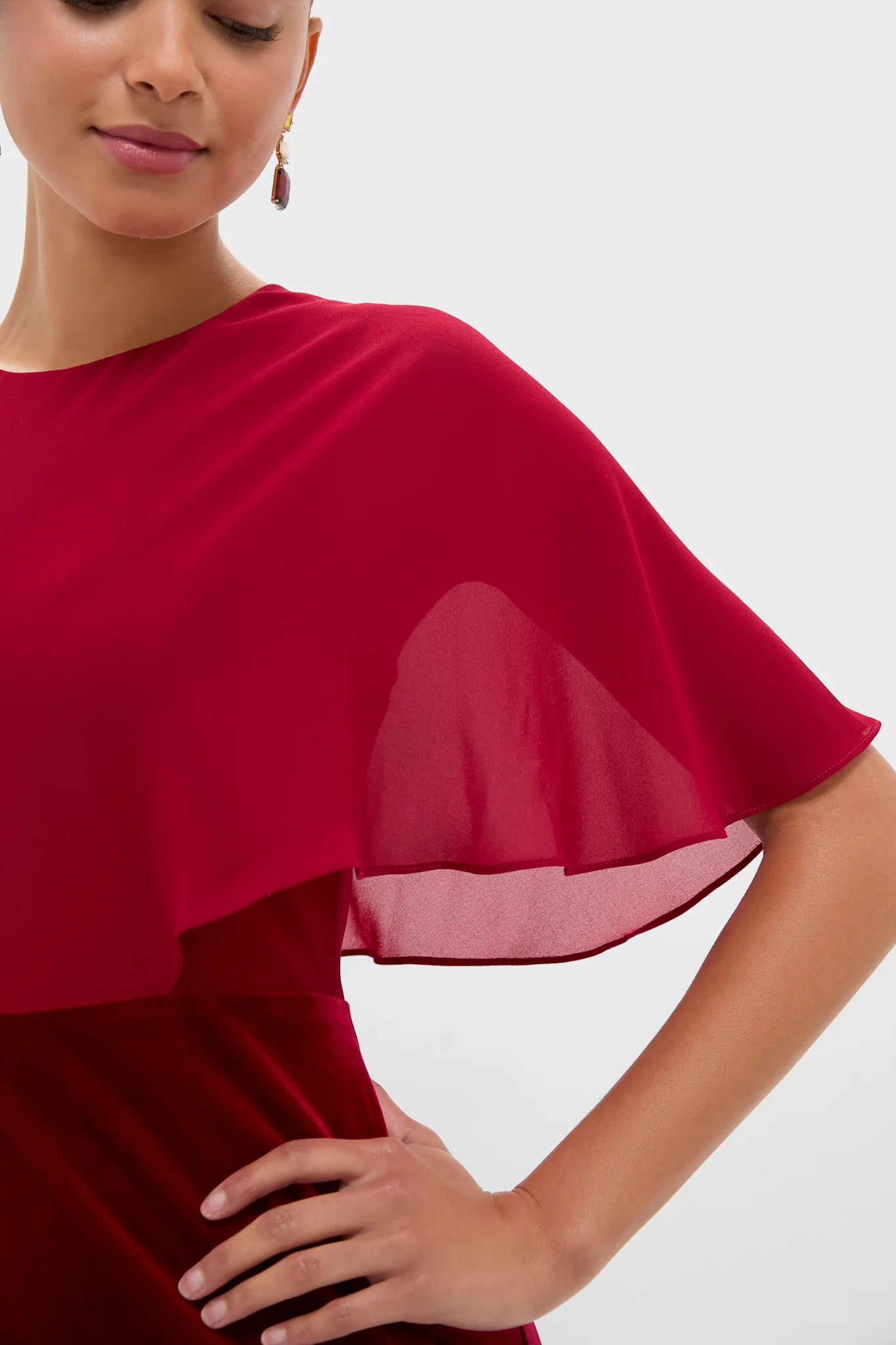 Cranberry Velvet Chiffon Mixed Media Cape Leah Dress - Image 5