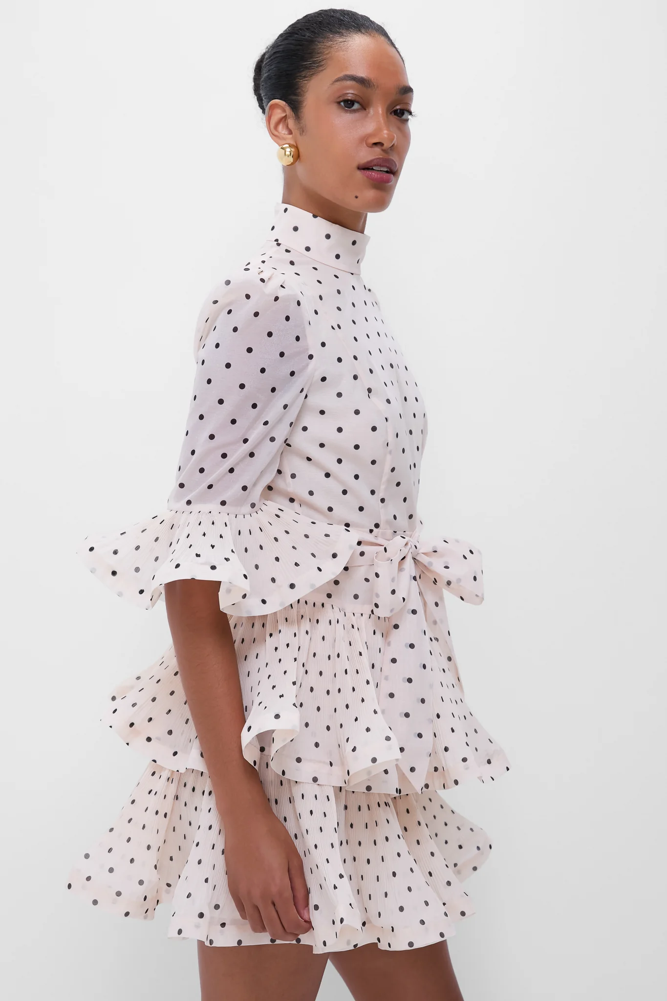 Cream and Black Polka Dot Pleated Sleeved Mini Dress - Image 3