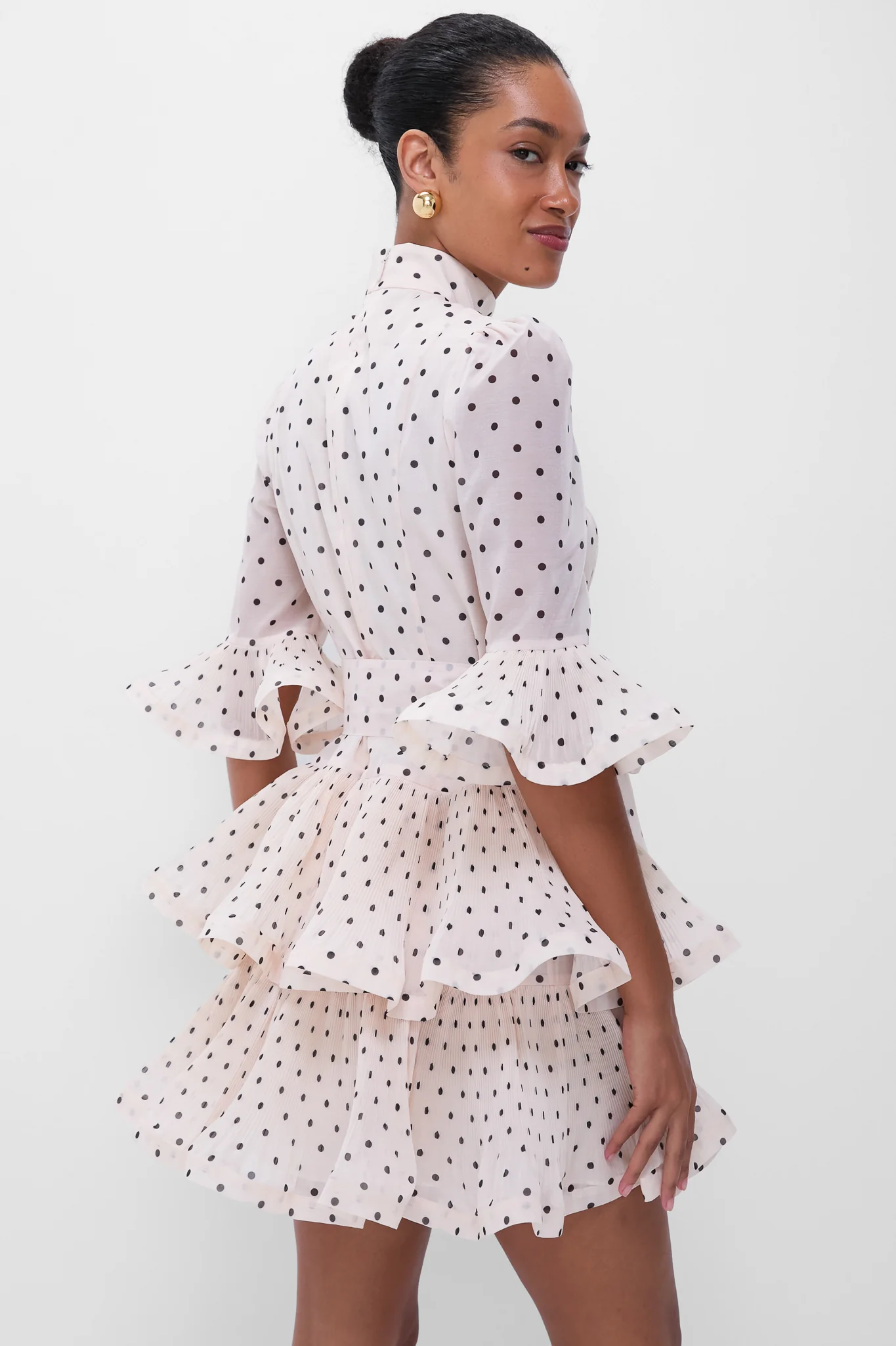 Cream and Black Polka Dot Pleated Sleeved Mini Dress - Image 4