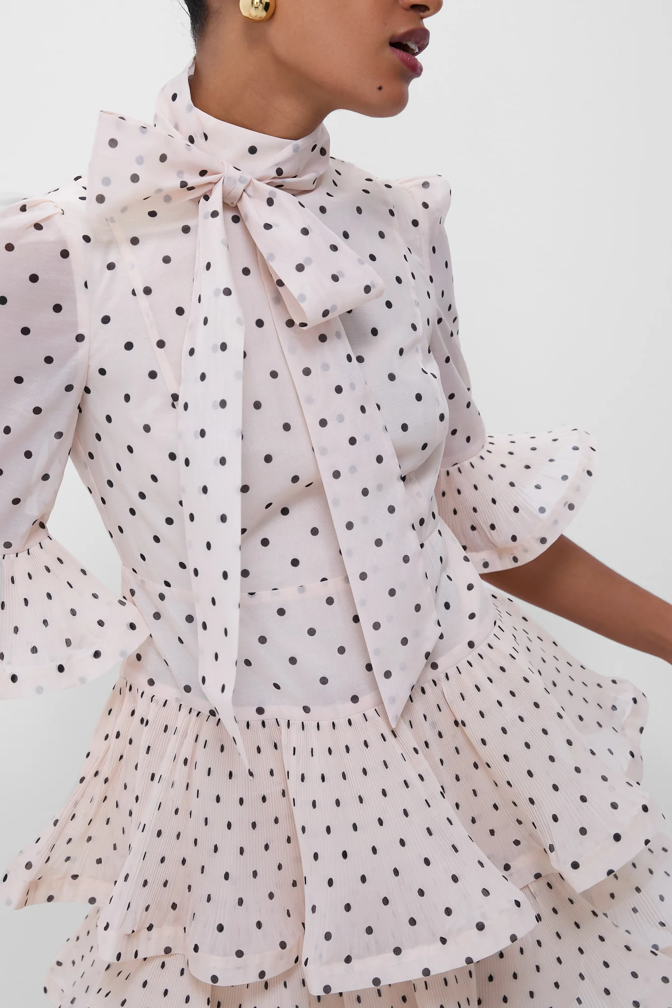 Cream and Black Polka Dot Pleated Sleeved Mini Dress - Image 5