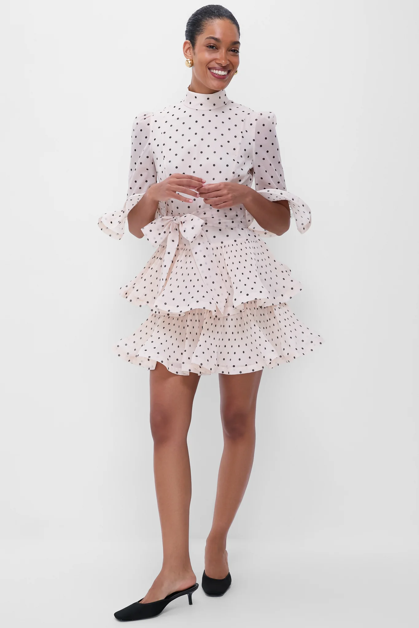 Cream and Black Polka Dot Pleated Sleeved Mini Dress - Image 6