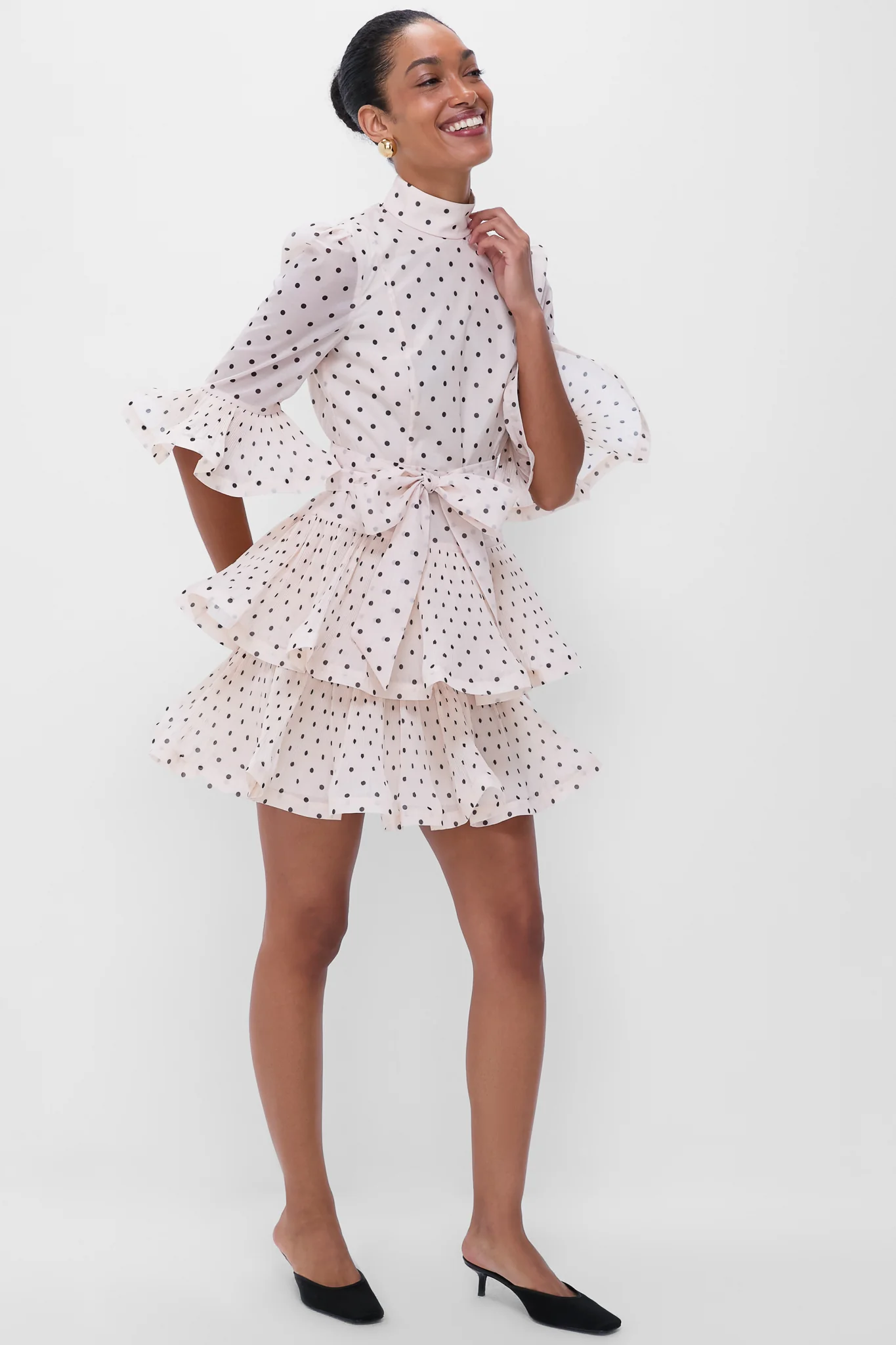 Cream and Black Polka Dot Pleated Sleeved Mini Dress - Image 7