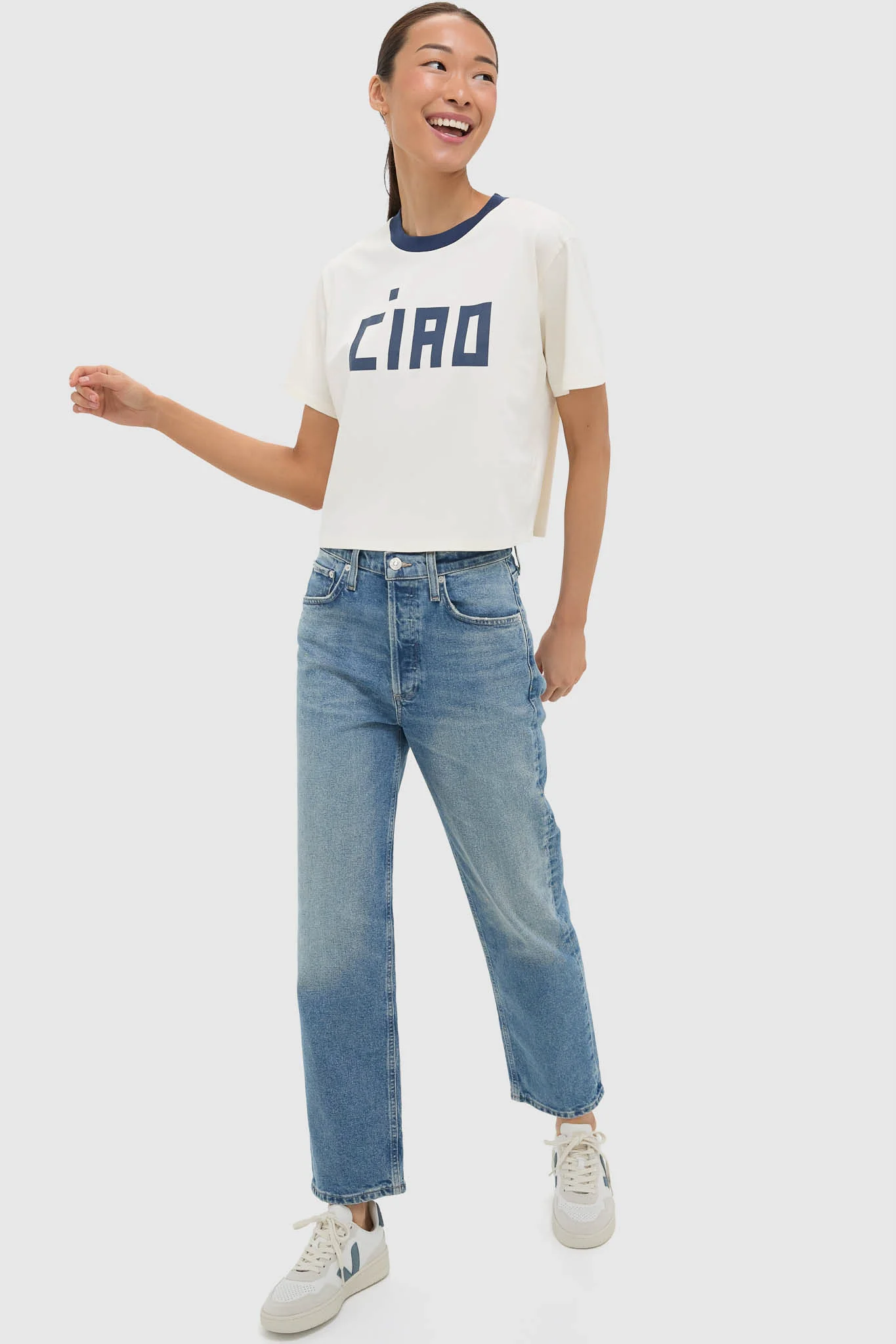 Cream and Navy Le Carre Tee - Image 6