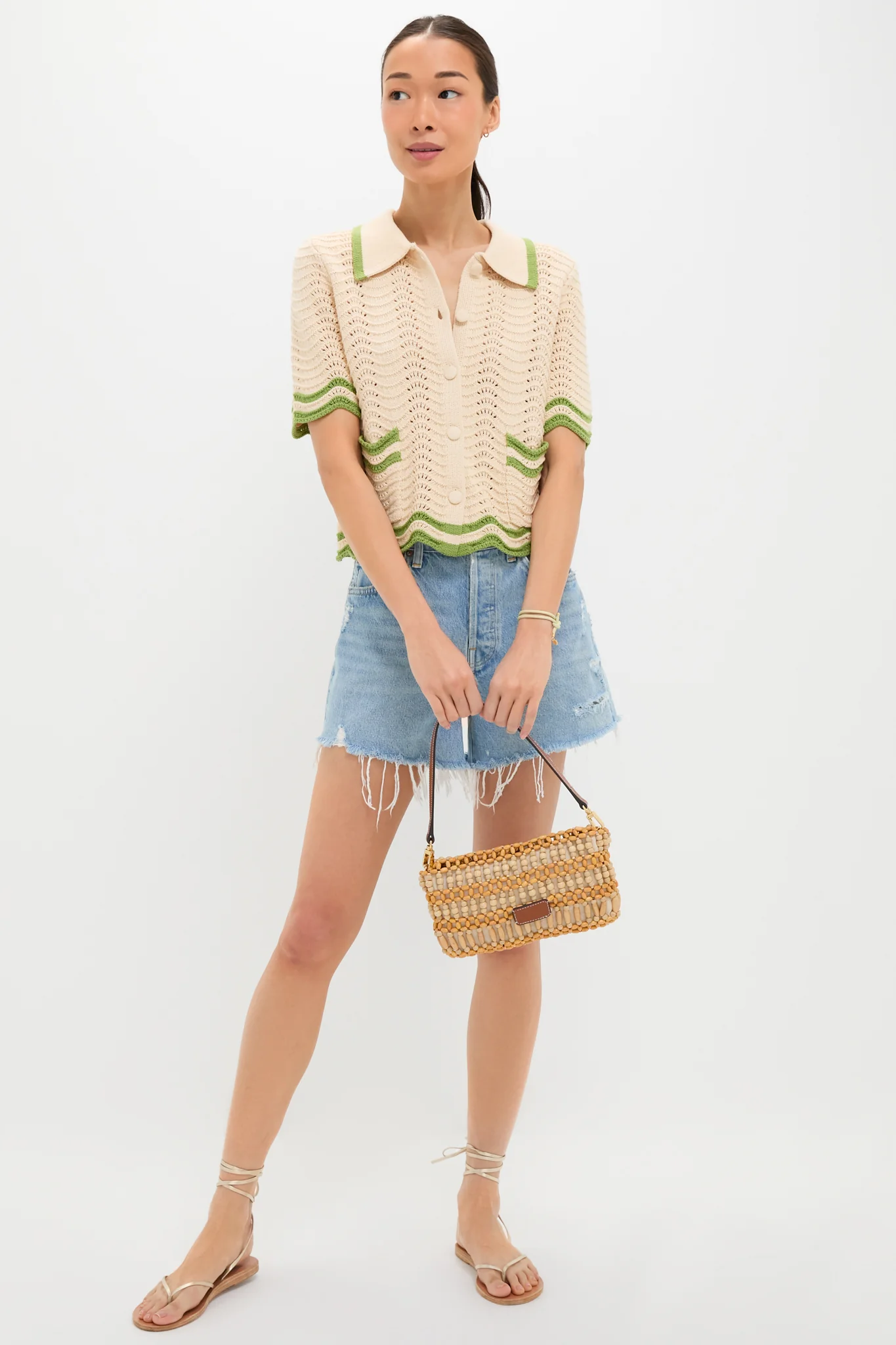Cream and Sage Amelia Scallop Hem Button Up Crochet Cardigan - Image 2