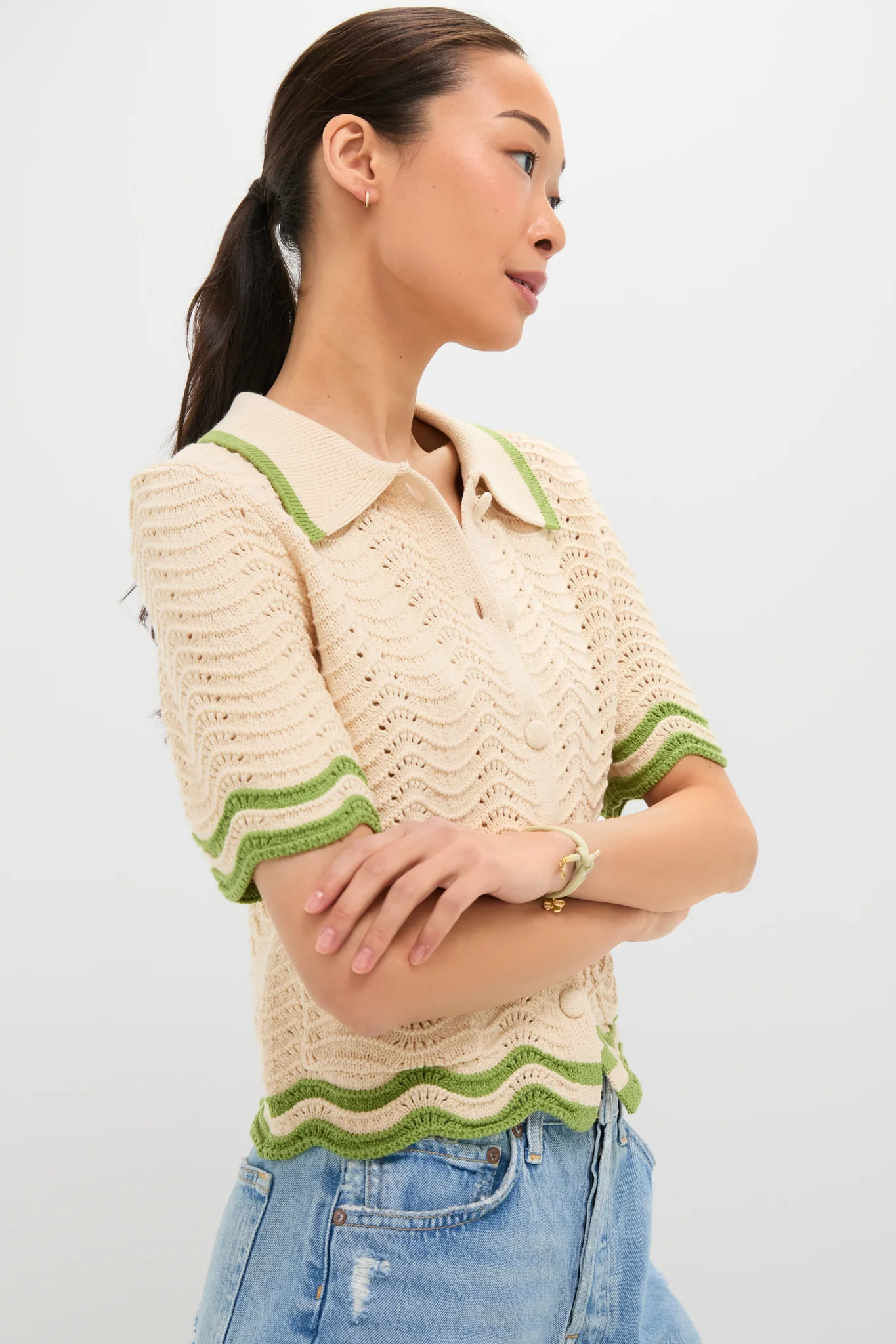 Cream and Sage Amelia Scallop Hem Button Up Crochet Cardigan - Image 3
