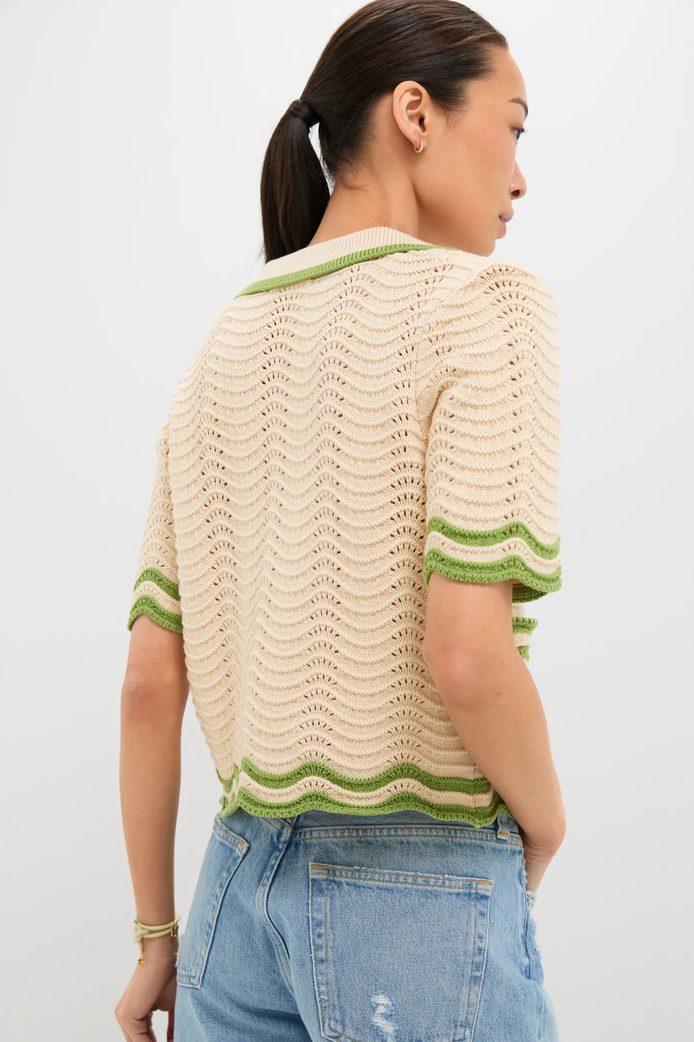 Cream and Sage Amelia Scallop Hem Button Up Crochet Cardigan - Image 4