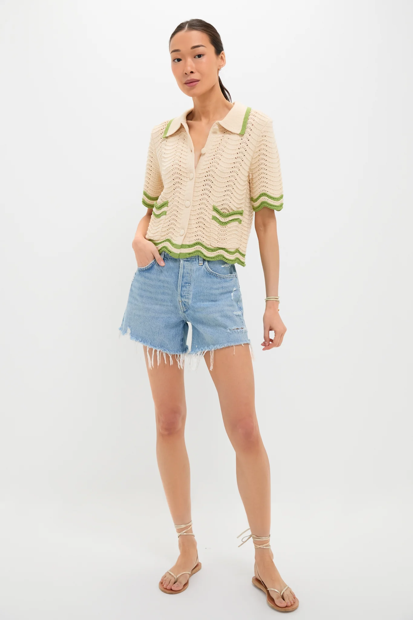 Cream and Sage Amelia Scallop Hem Button Up Crochet Cardigan - Image 6