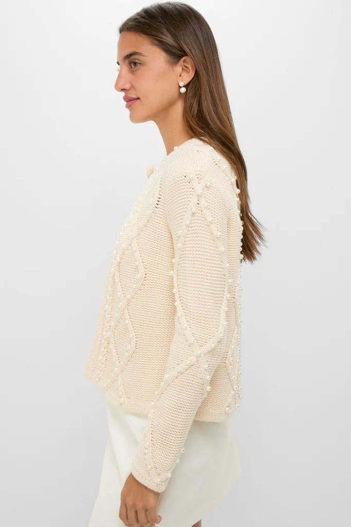 Cream Cable Knit Pearl Collins Cardigan - Image 3