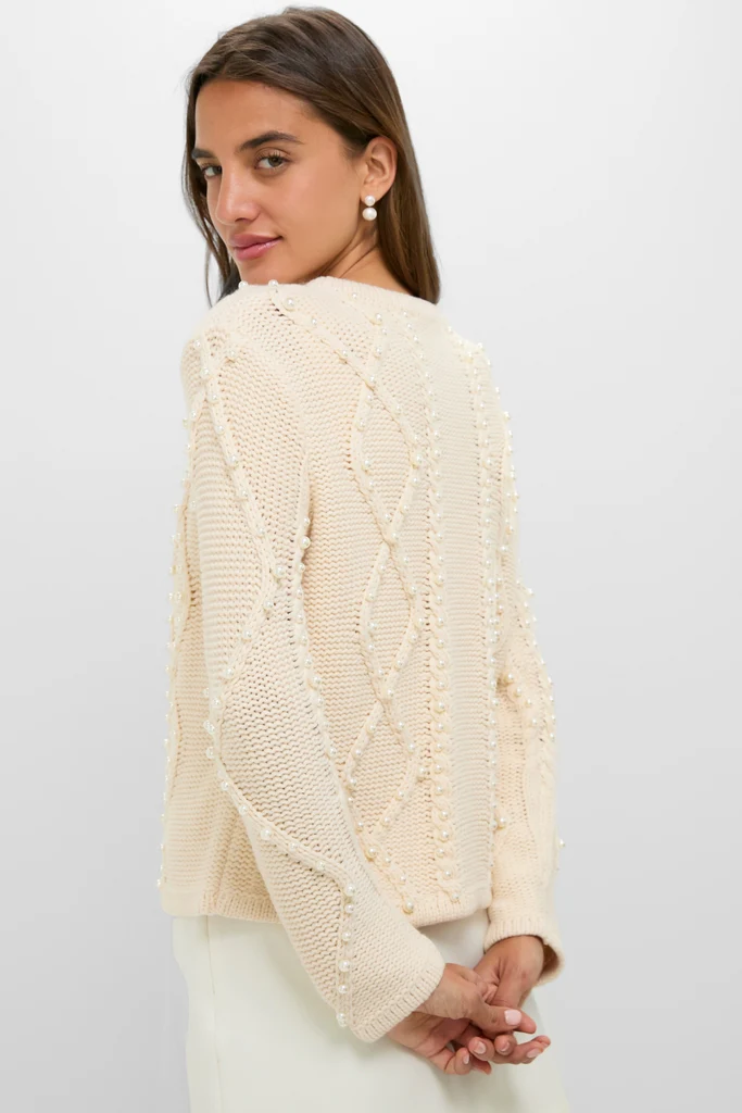 Cream Cable Knit Pearl Collins Cardigan - Image 4