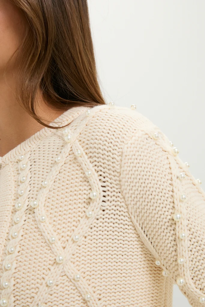 Cream Cable Knit Pearl Collins Cardigan - Image 5