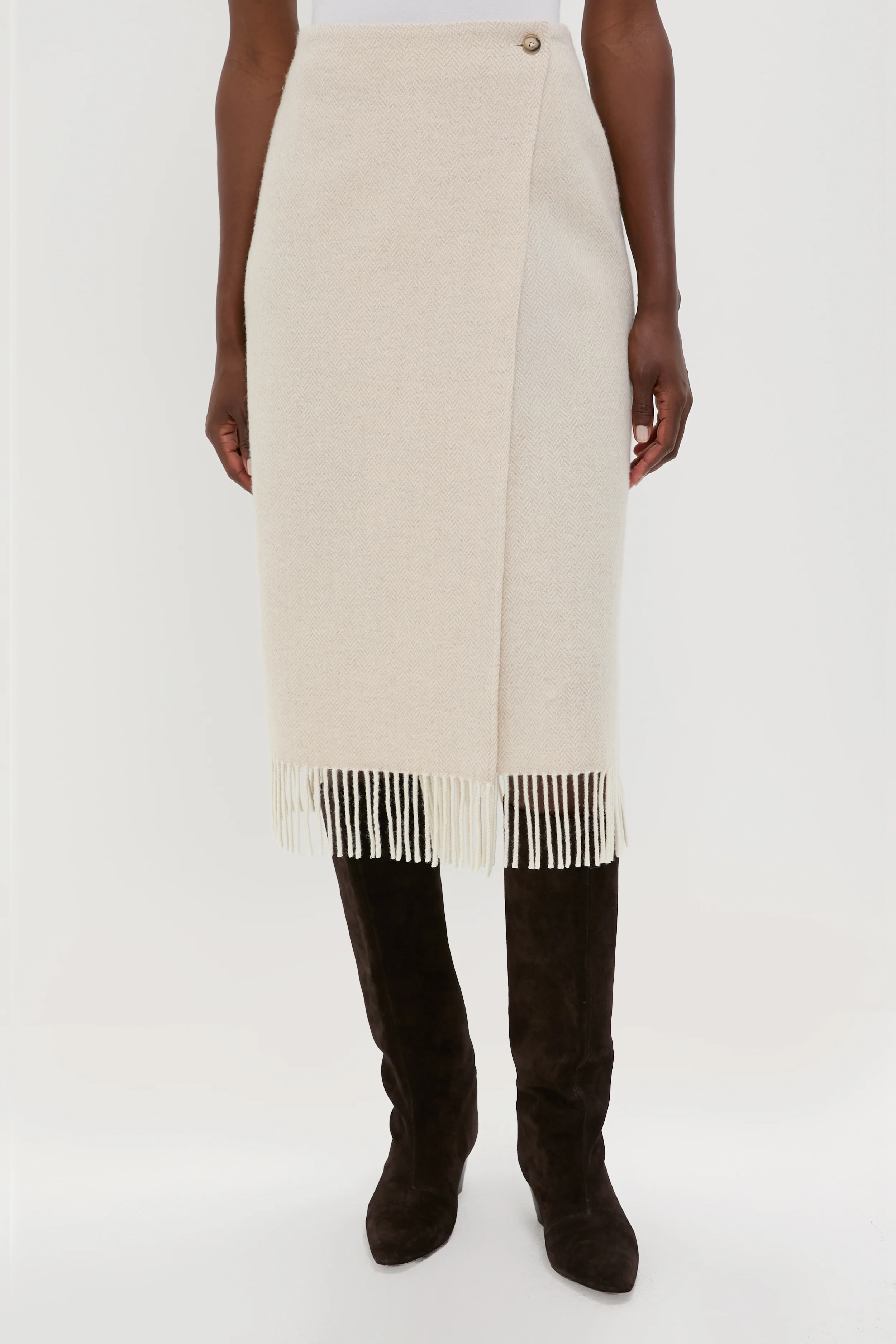 Cream Herringbone Midi Pencil Skirt