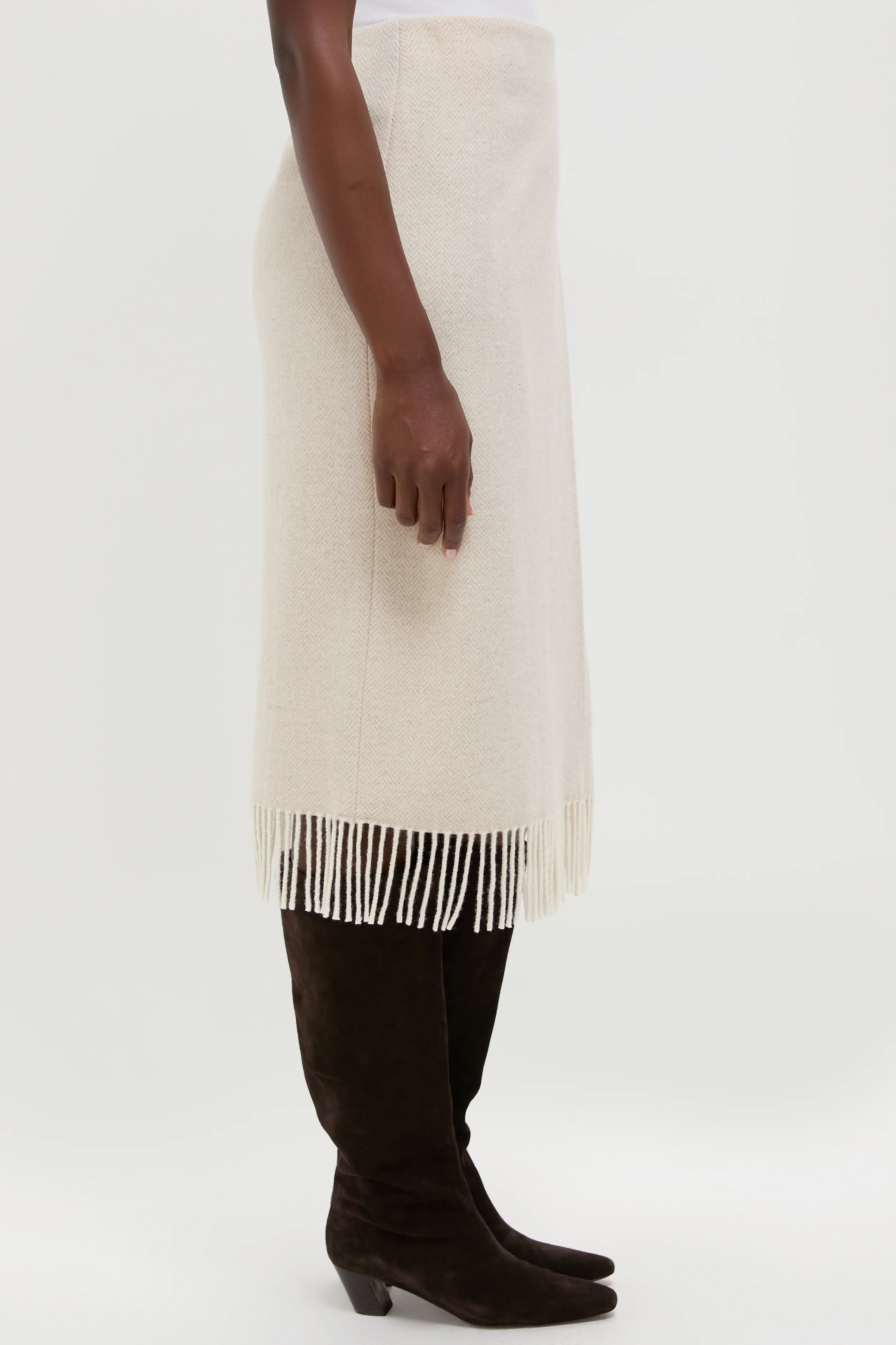 Cream Herringbone Midi Pencil Skirt - Image 3