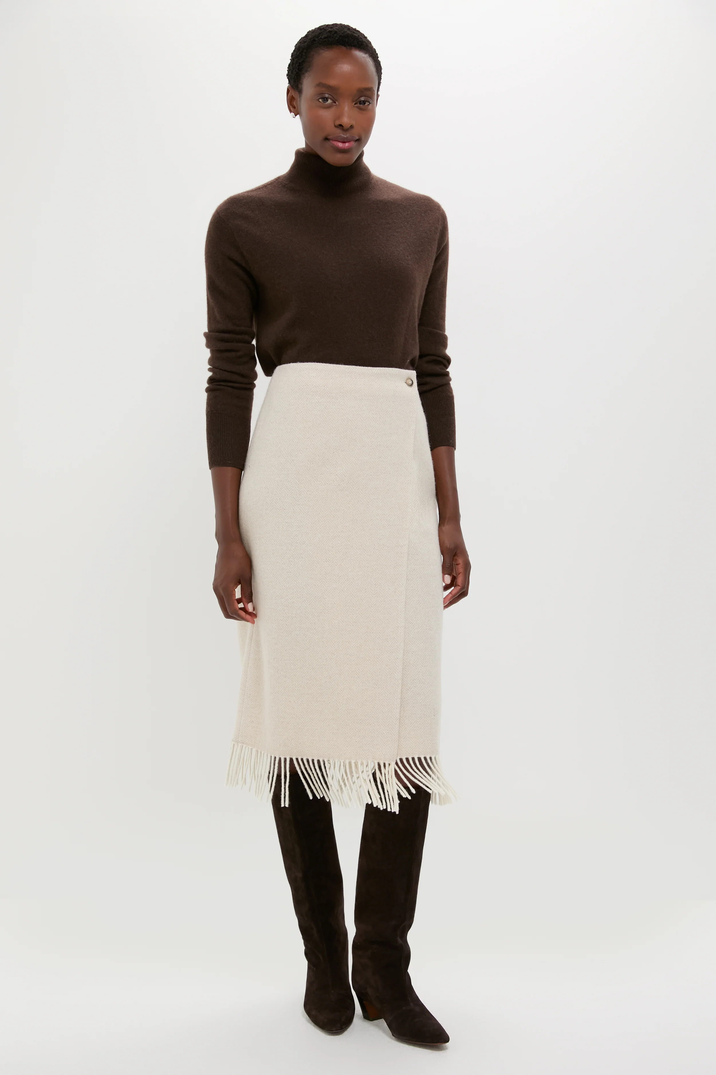 Cream Herringbone Midi Pencil Skirt - Image 6