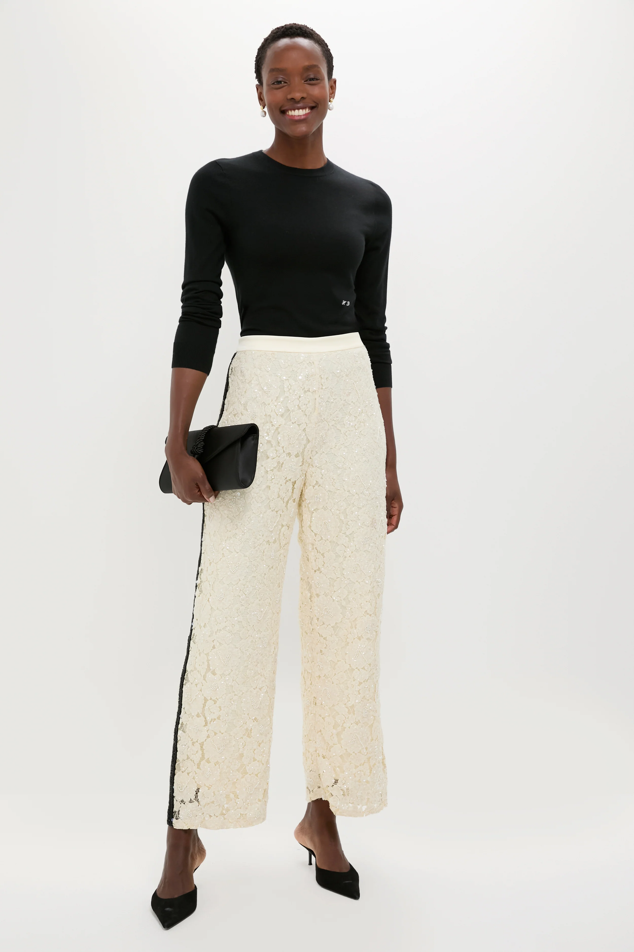 Cream Lace Sequin Straight Pants - Image 2