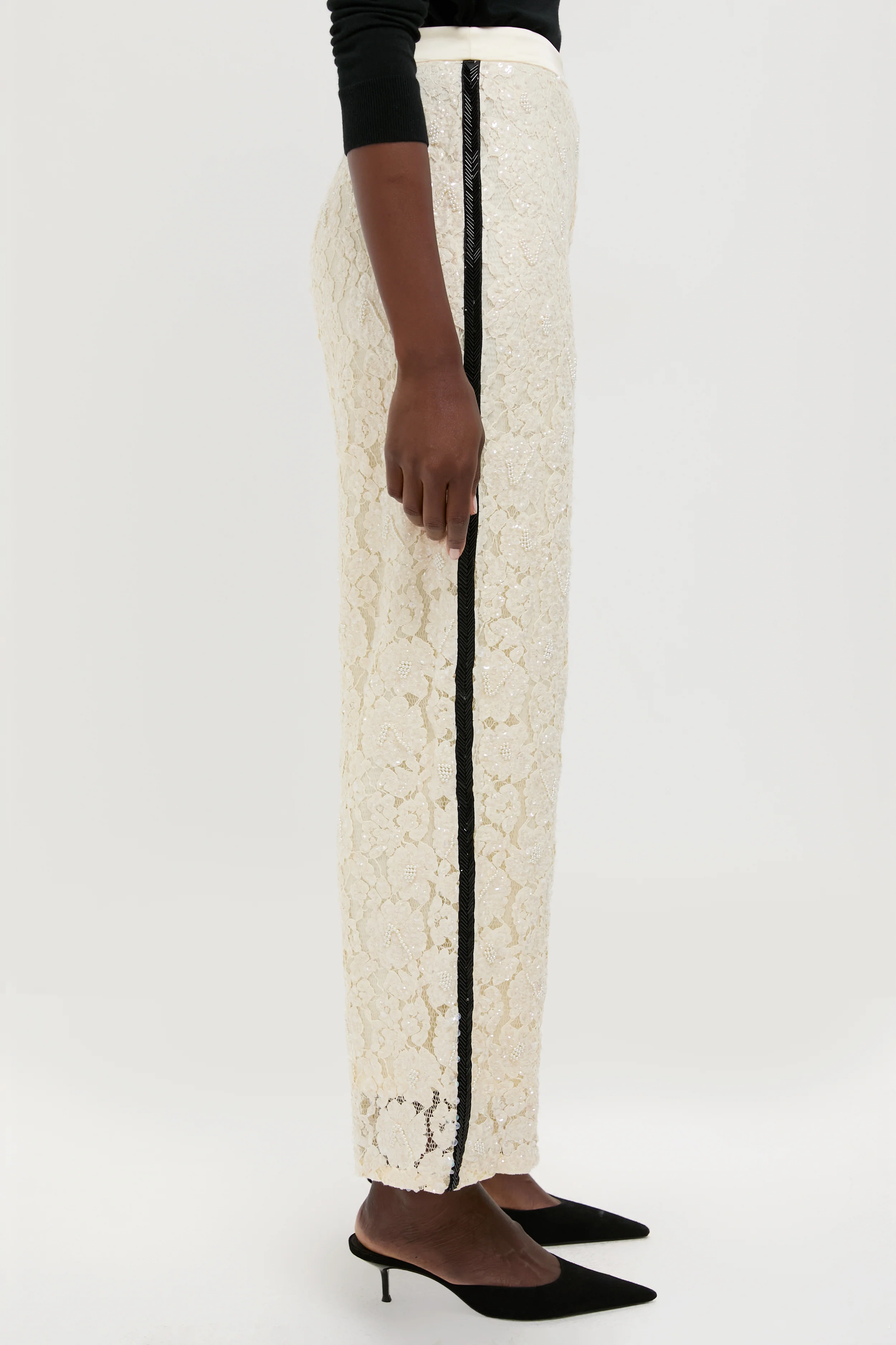 Cream Lace Sequin Straight Pants - Image 3