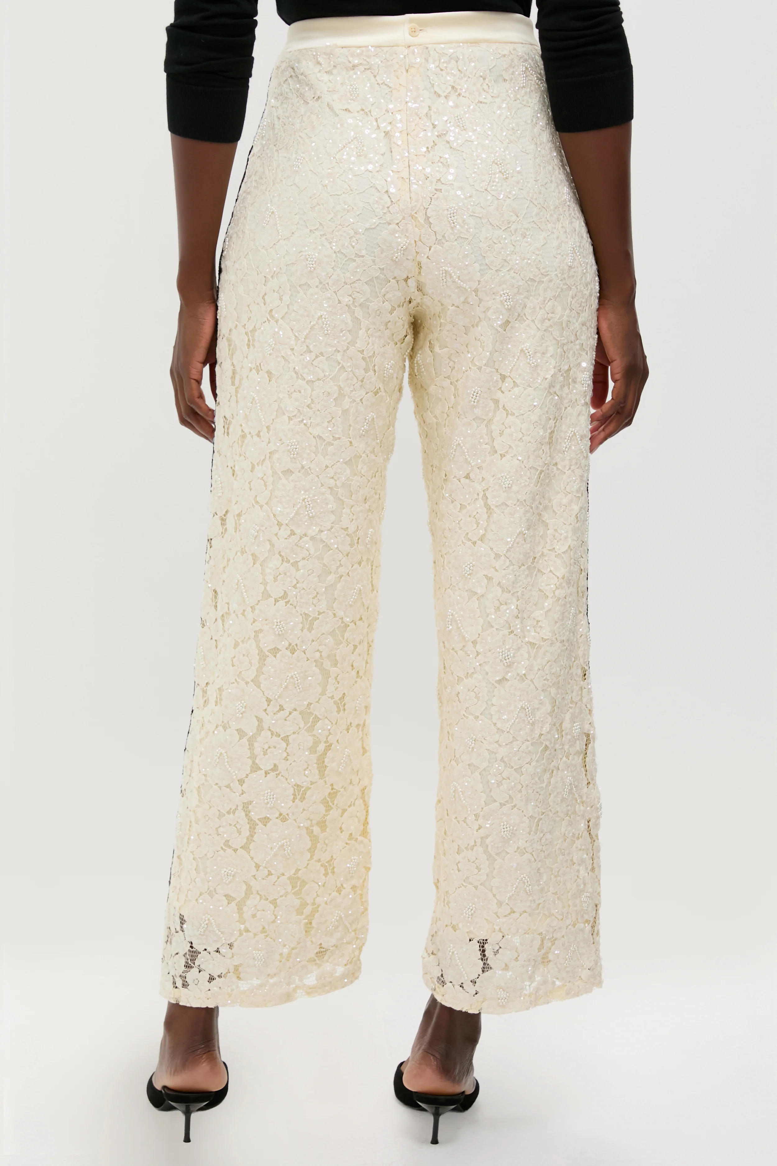 Cream Lace Sequin Straight Pants - Image 4
