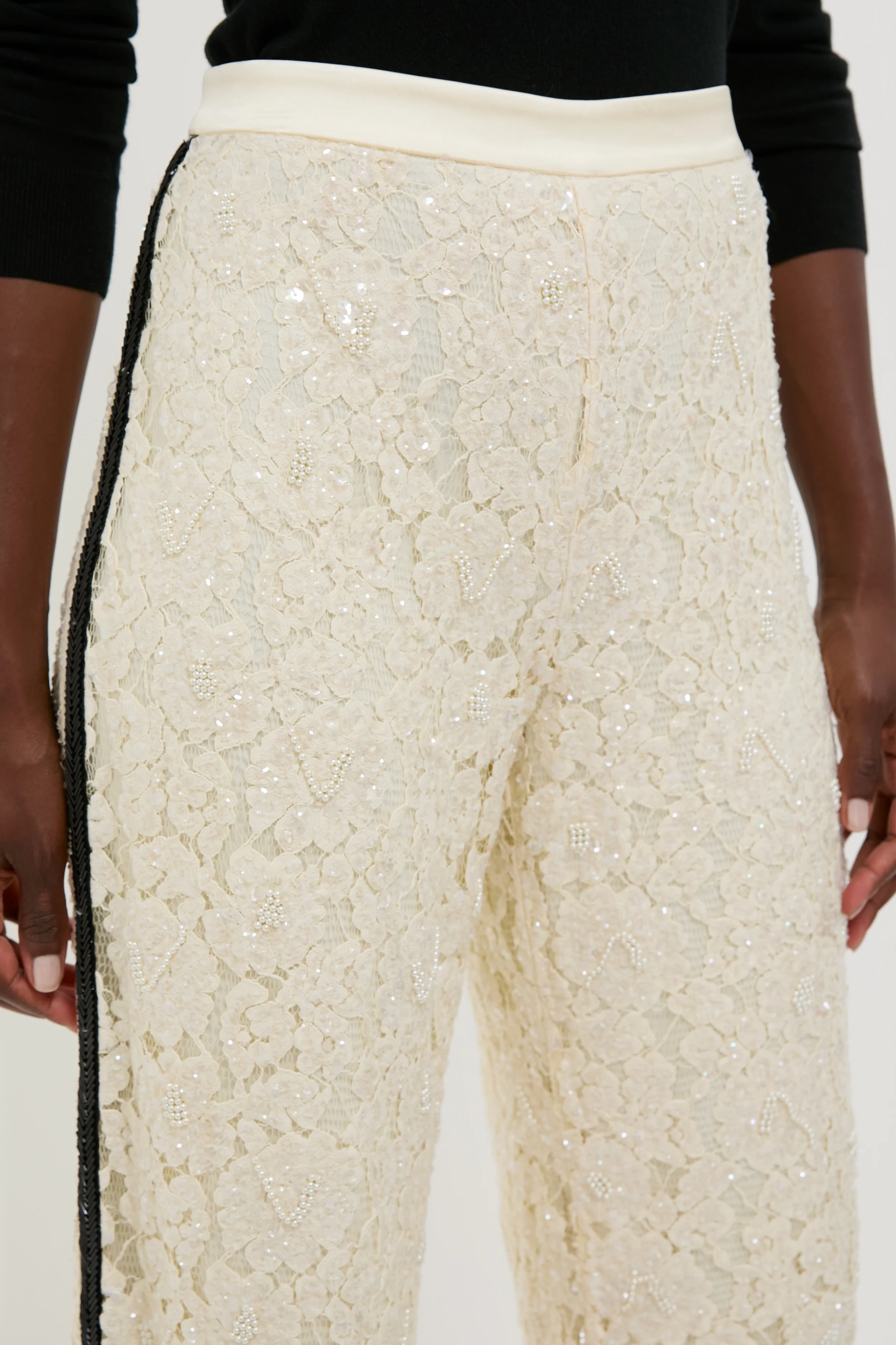 Cream Lace Sequin Straight Pants - Image 5