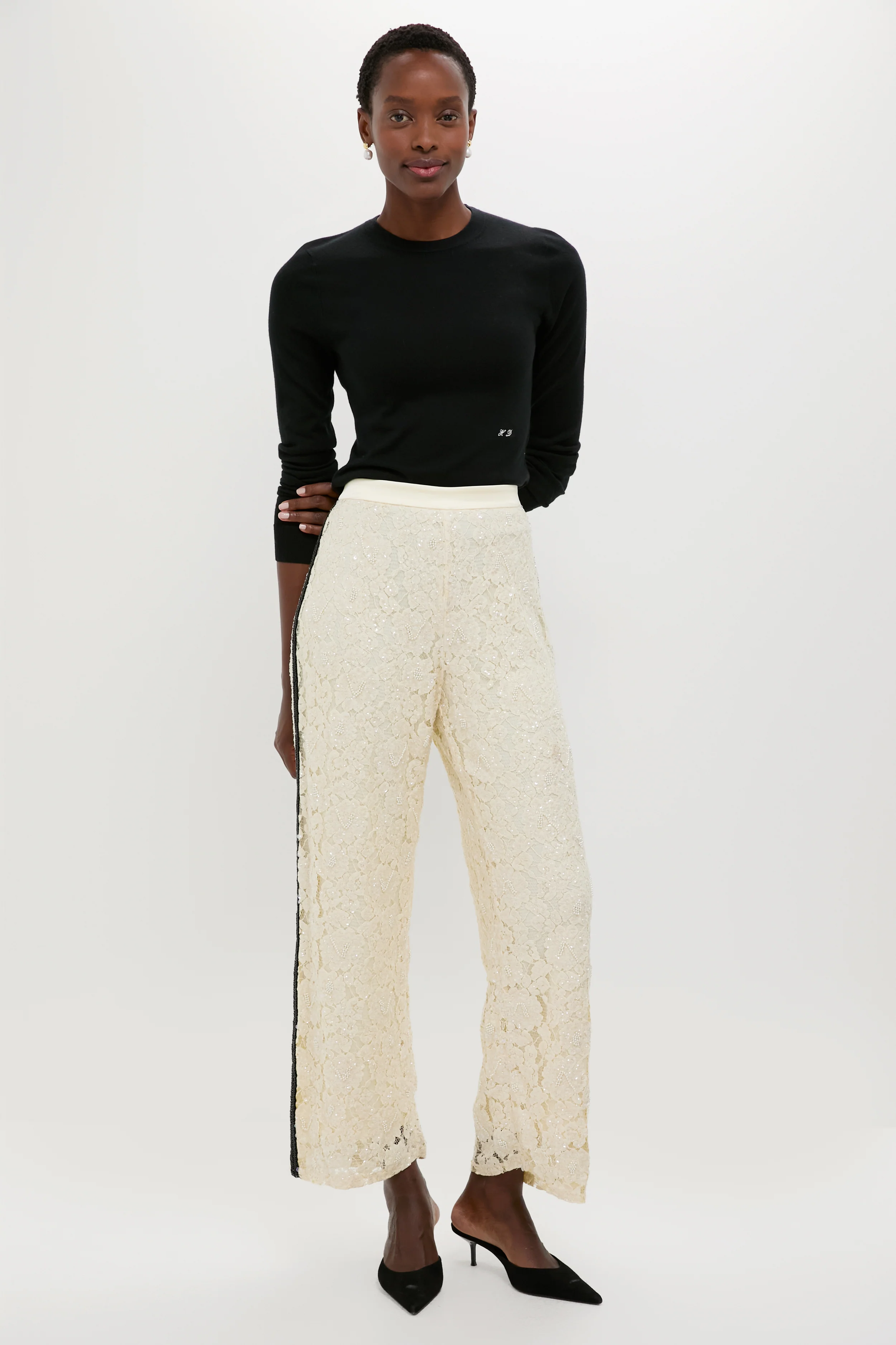 Cream Lace Sequin Straight Pants - Image 6