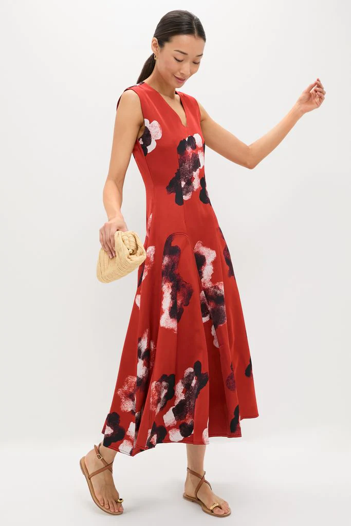 Crimson Red Water Floral Cosmic Midi Dress - Image 2