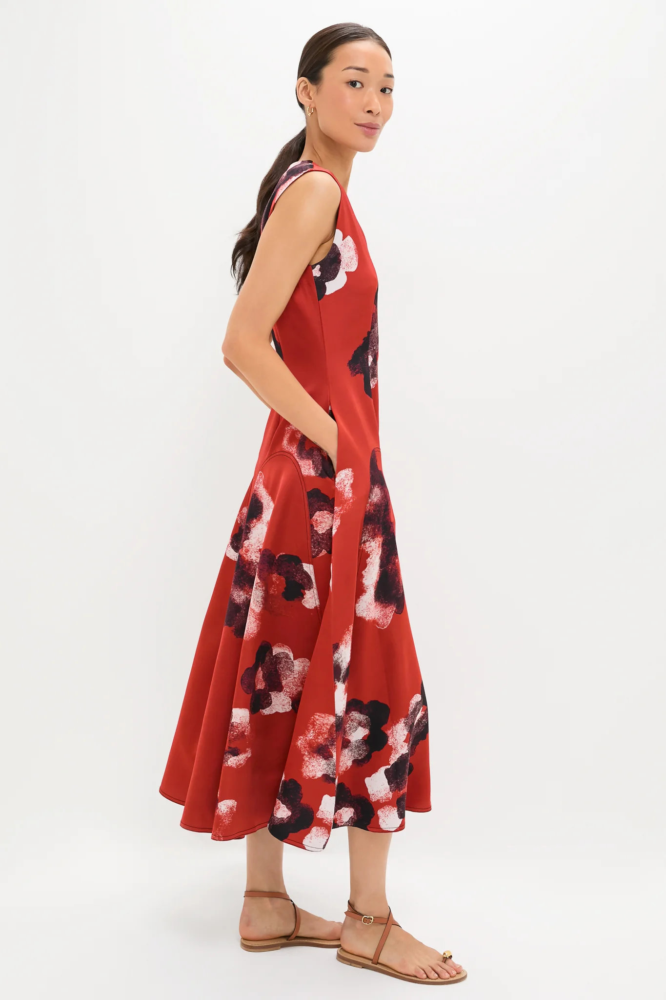 Crimson Red Water Floral Cosmic Midi Dress - Image 3