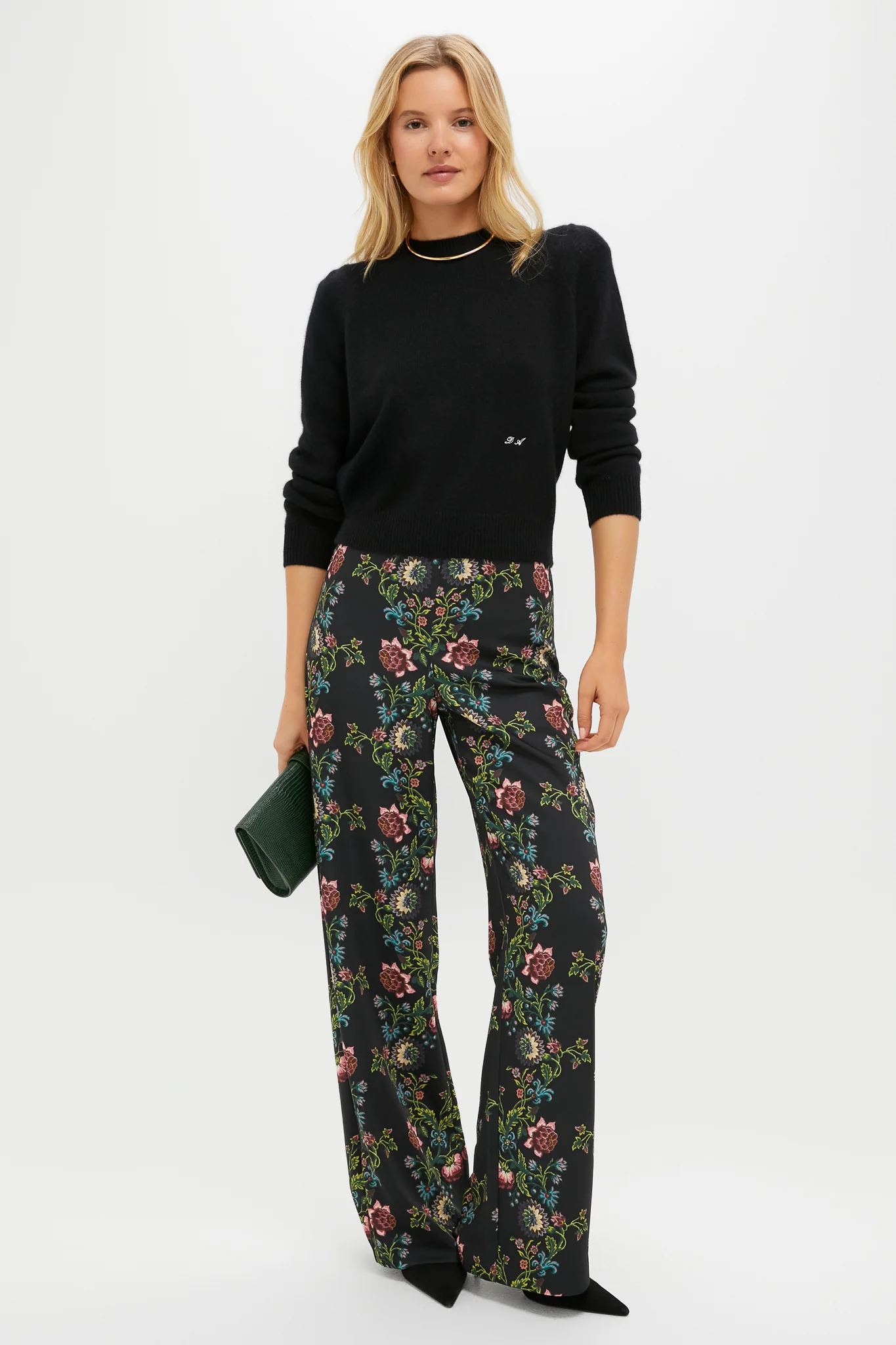 Black Cashmere Puff Sleeve Macy Crewneck Sweater - Image 2