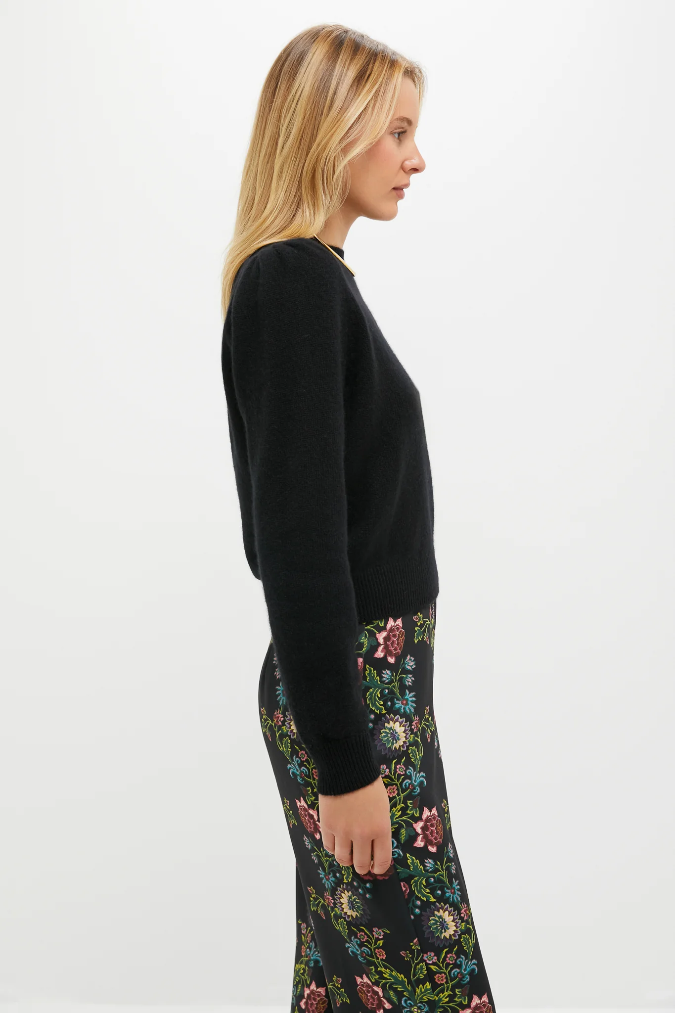 Black Cashmere Puff Sleeve Macy Crewneck Sweater - Image 3