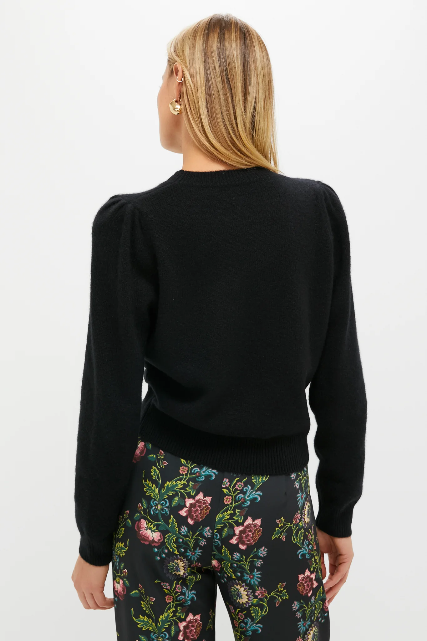 Black Cashmere Puff Sleeve Macy Crewneck Sweater - Image 4