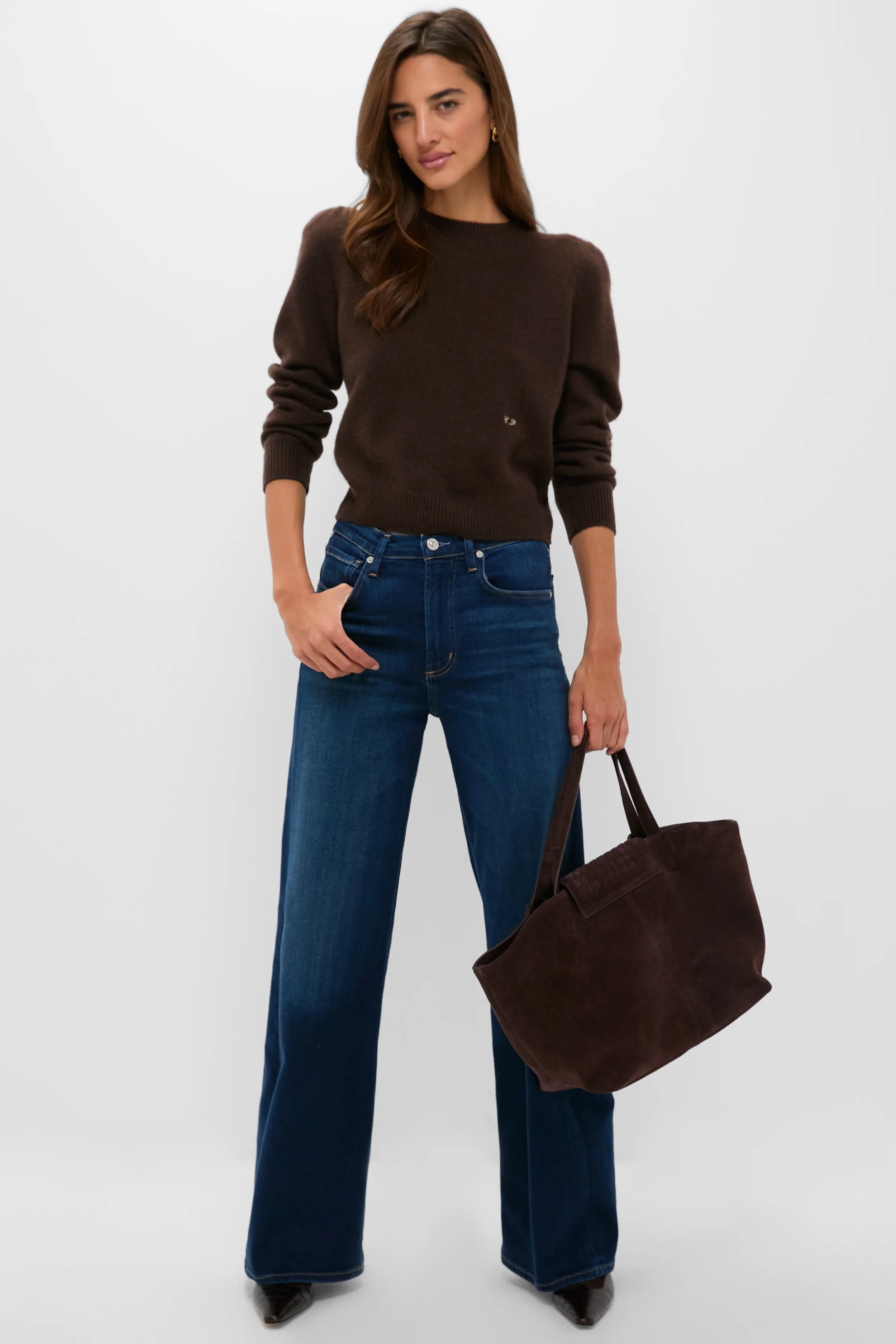 Chocolate Cashmere Puff Sleeve Macy Crewneck Sweater - Image 2
