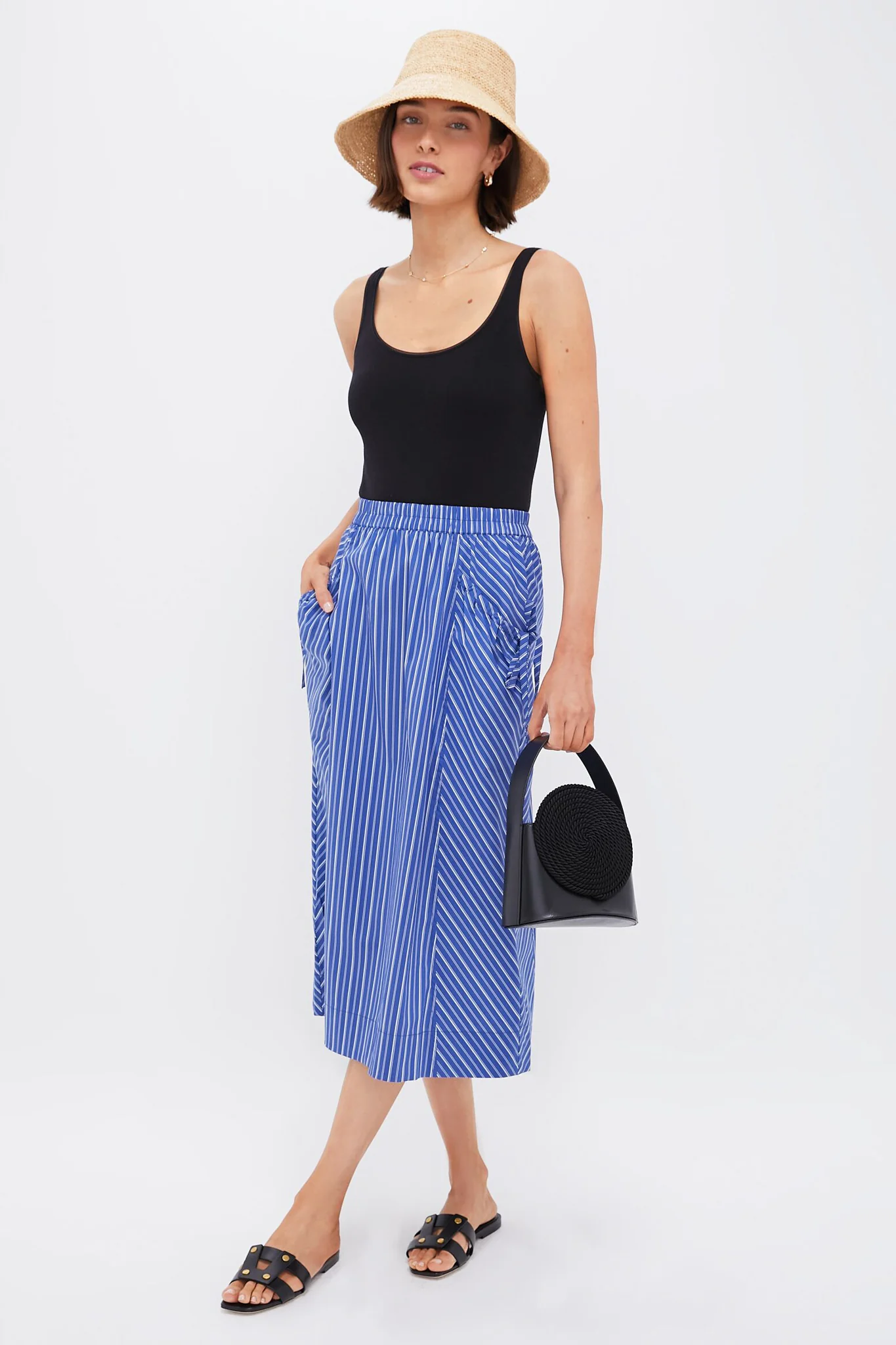 Dark Blue and White Kendall Play Stripe Midi A-Line Skirt - Image 2