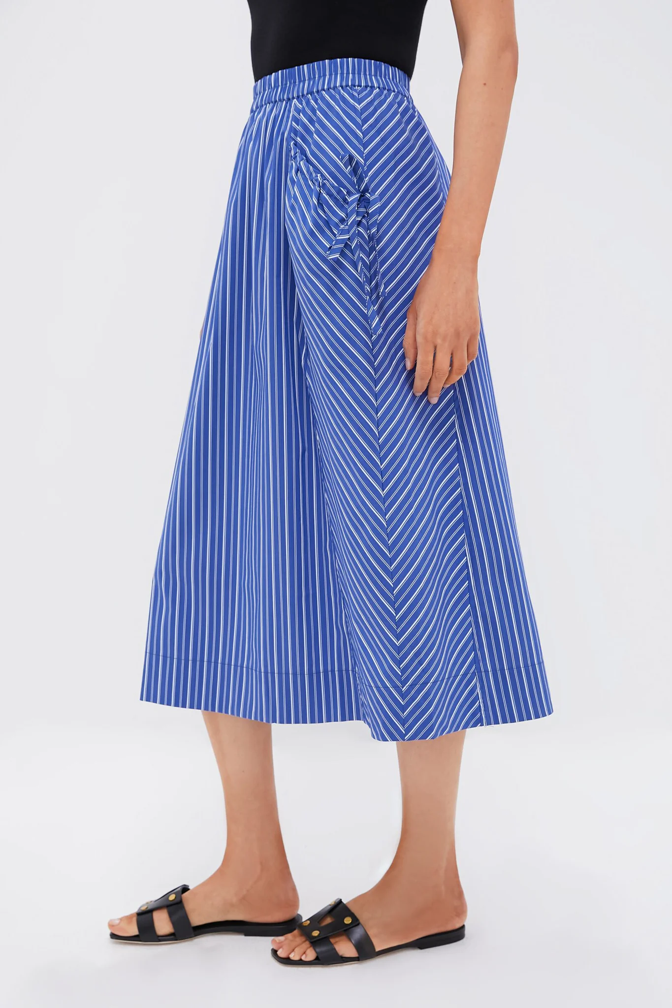 Dark Blue and White Kendall Play Stripe Midi A-Line Skirt - Image 3