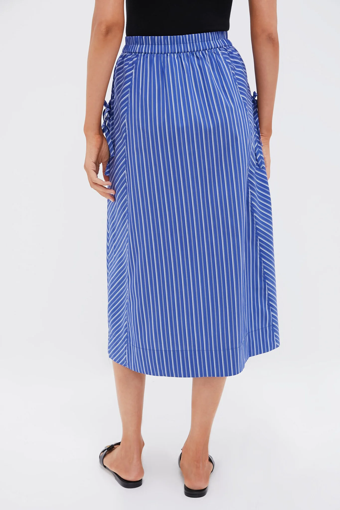 Dark Blue and White Kendall Play Stripe Midi A-Line Skirt - Image 4