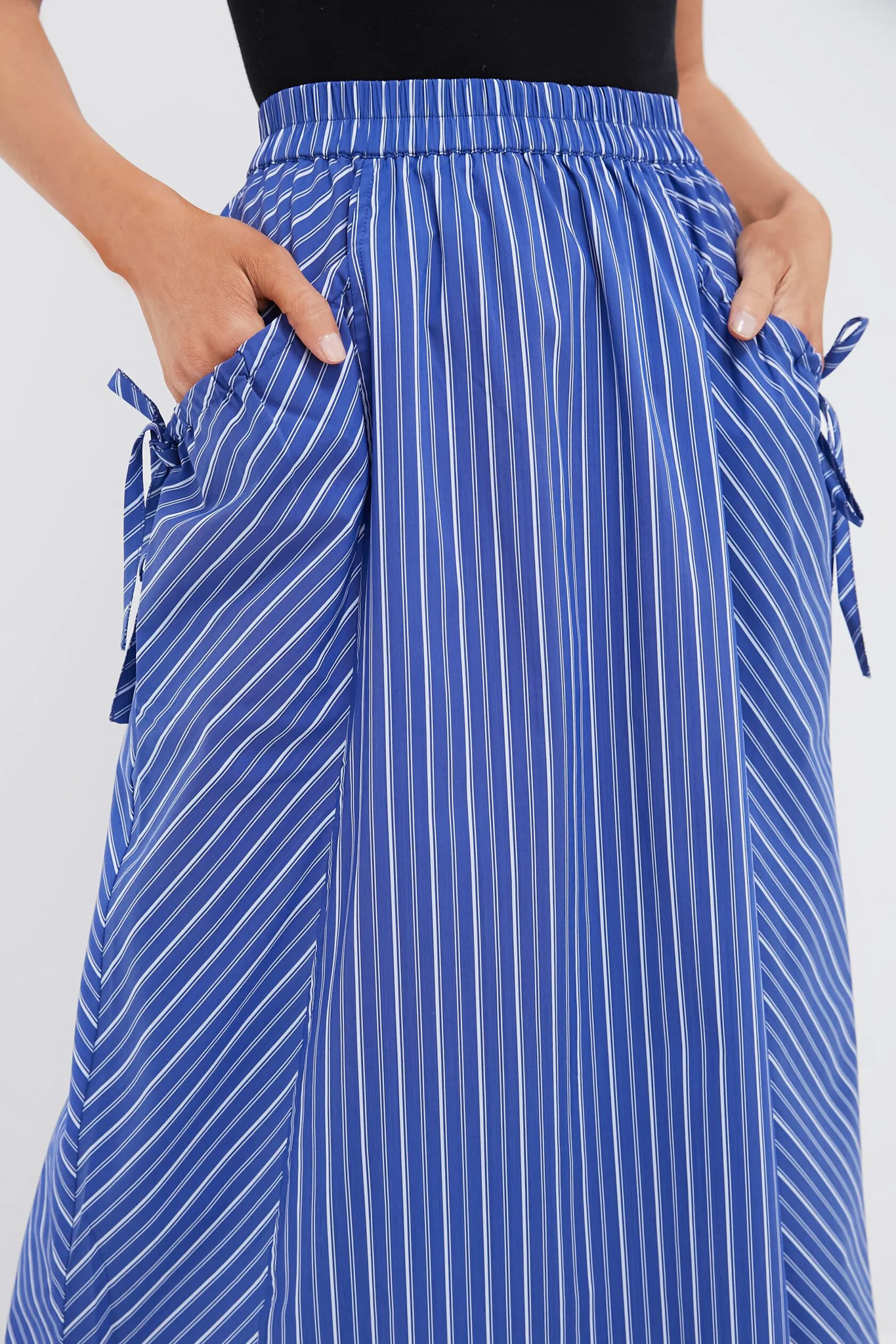 Dark Blue and White Kendall Play Stripe Midi A-Line Skirt - Image 5