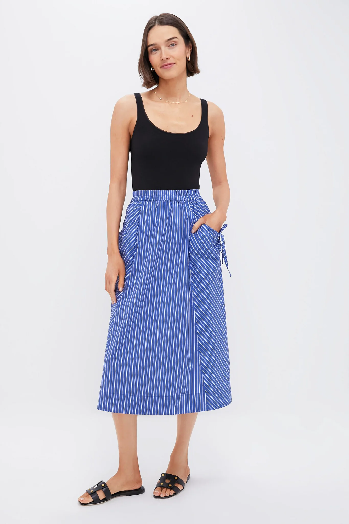 Dark Blue and White Kendall Play Stripe Midi A-Line Skirt - Image 6