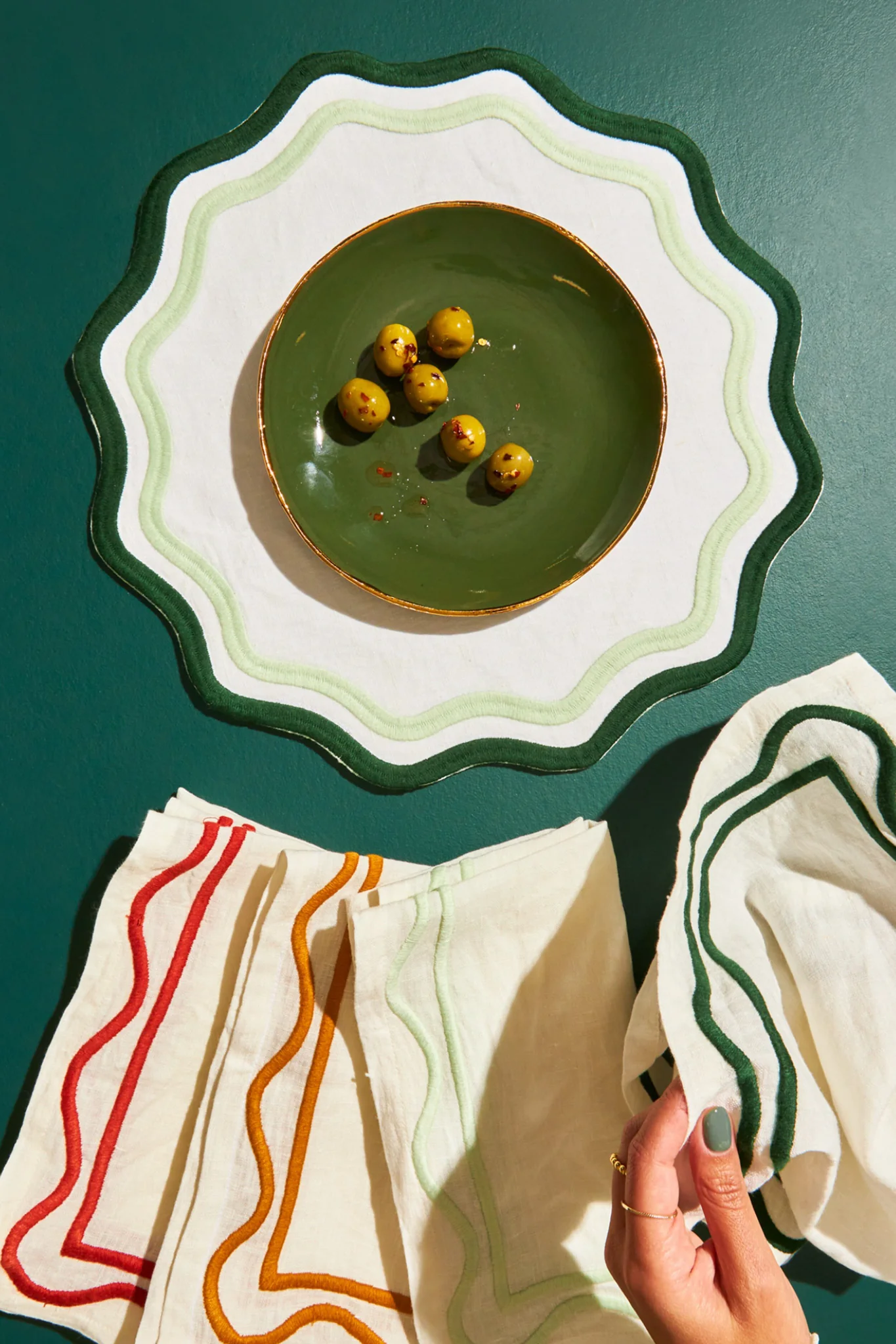 Dark Green and Sage Embroidered Linen Placemats (Set of 4) - Image 2
