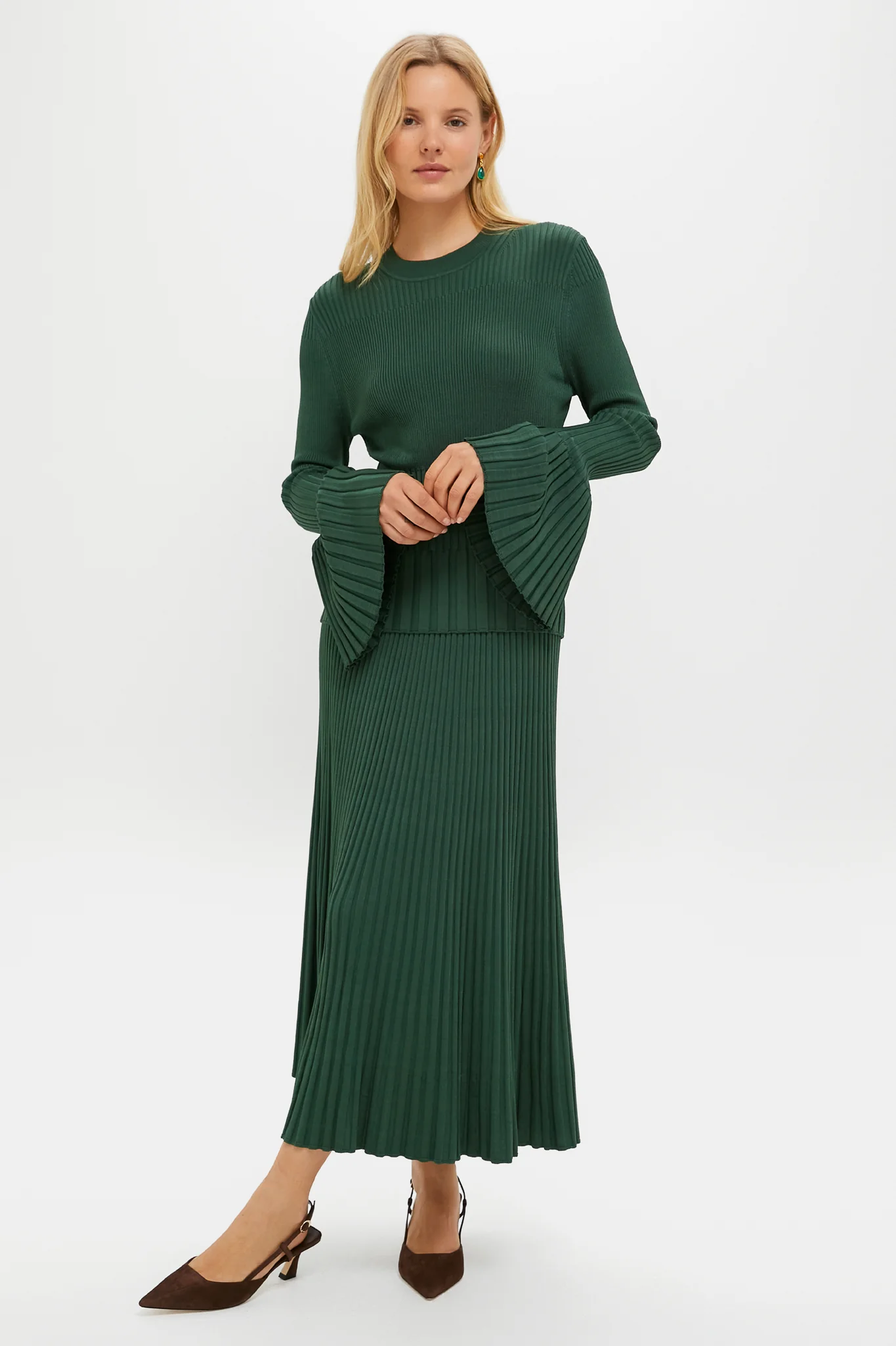 Dark Green Bell Sleeve Rib Sweater - Image 3