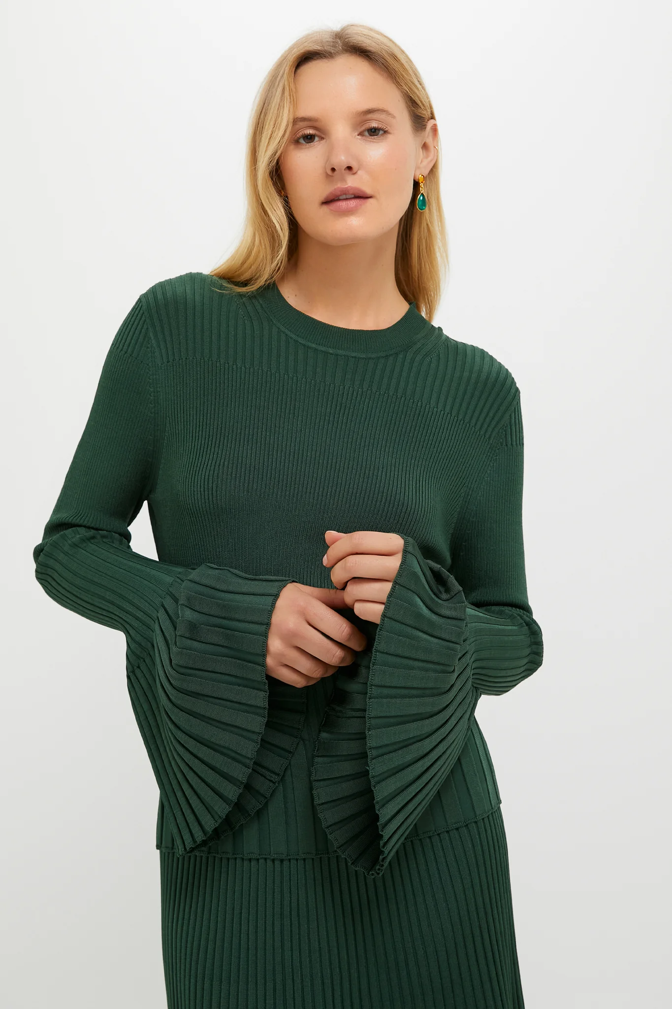 Dark Green Bell Sleeve Rib Sweater - Image 4