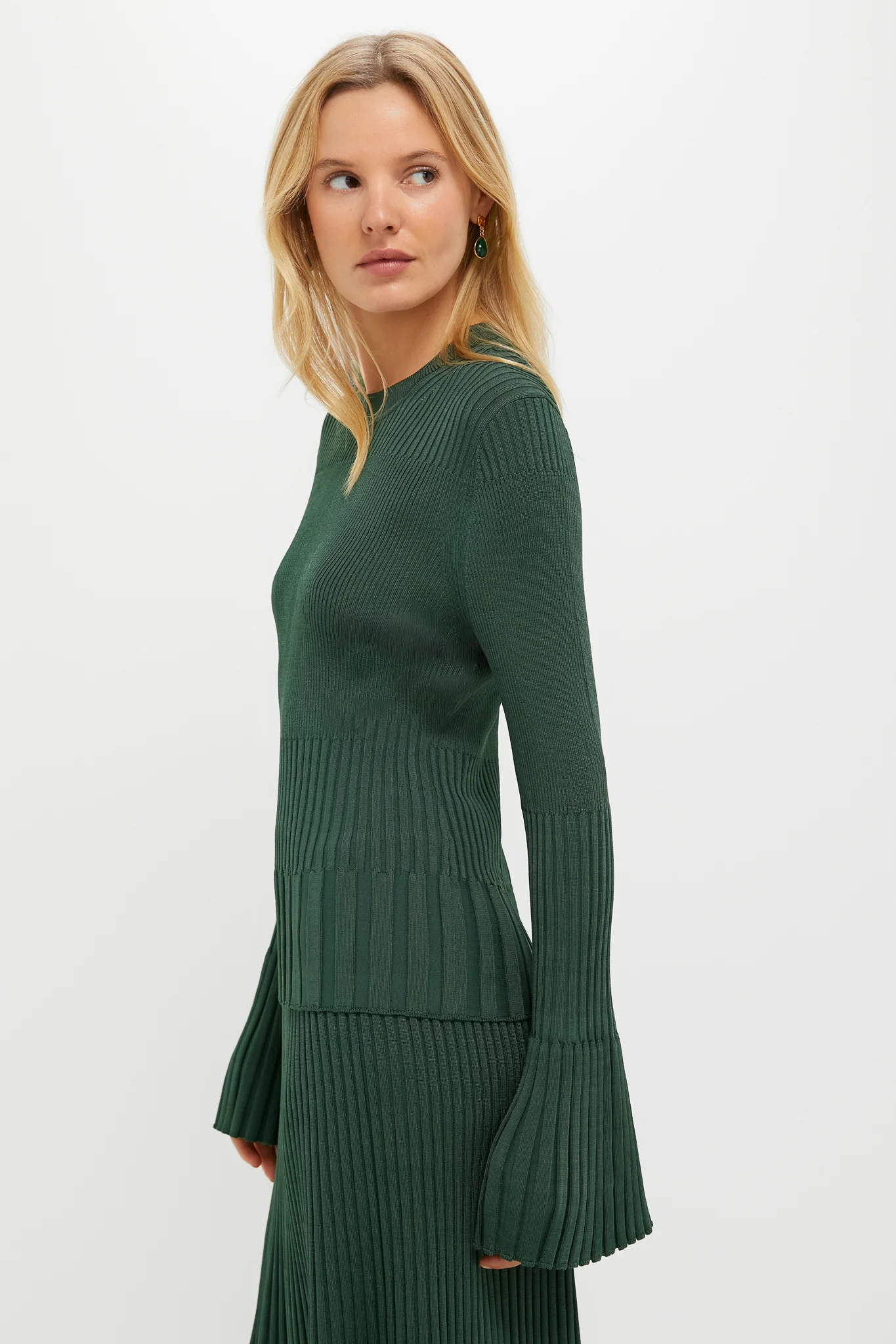 Dark Green Bell Sleeve Rib Sweater - Image 5