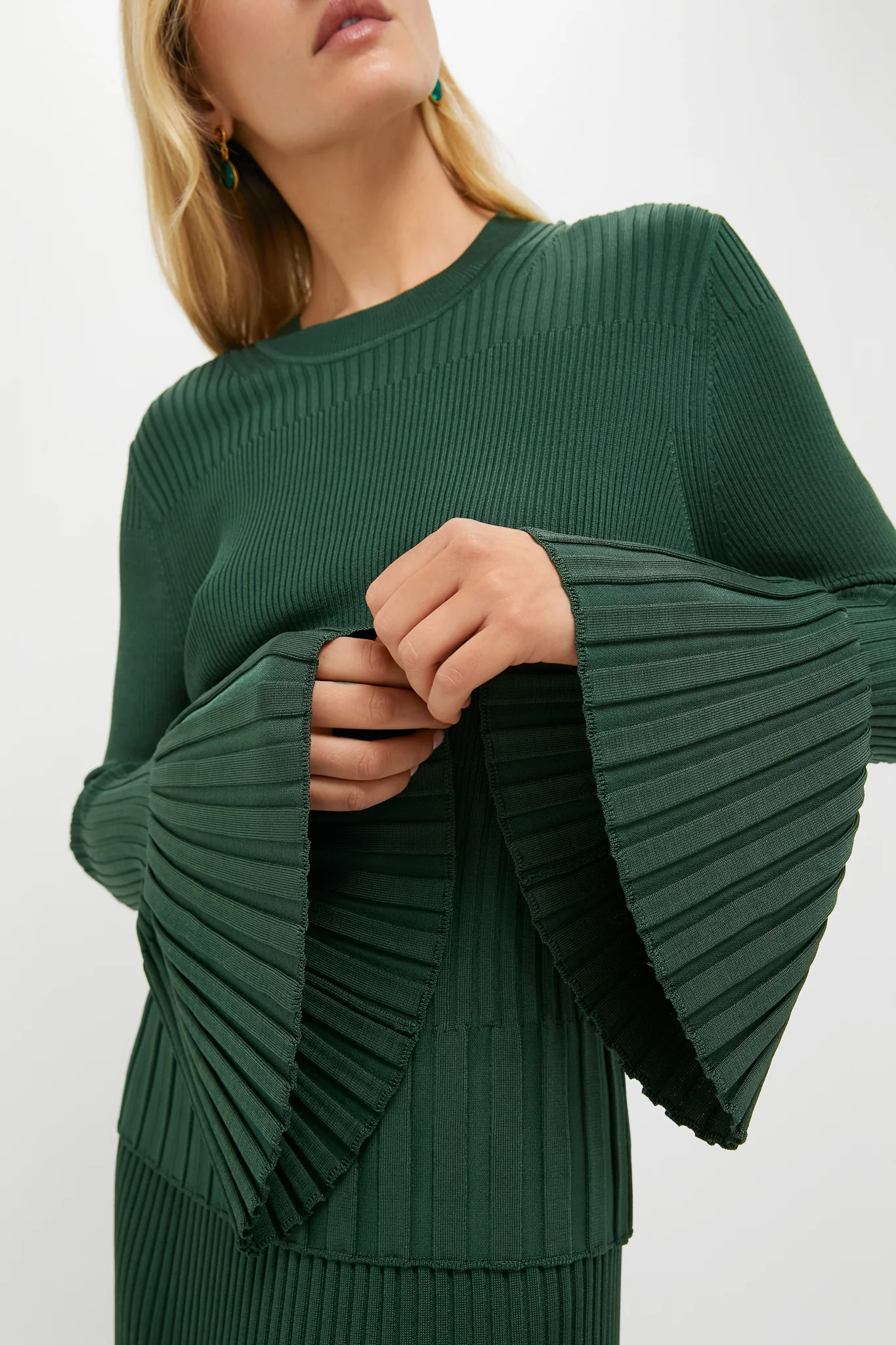 Dark Green Bell Sleeve Rib Sweater - Image 6