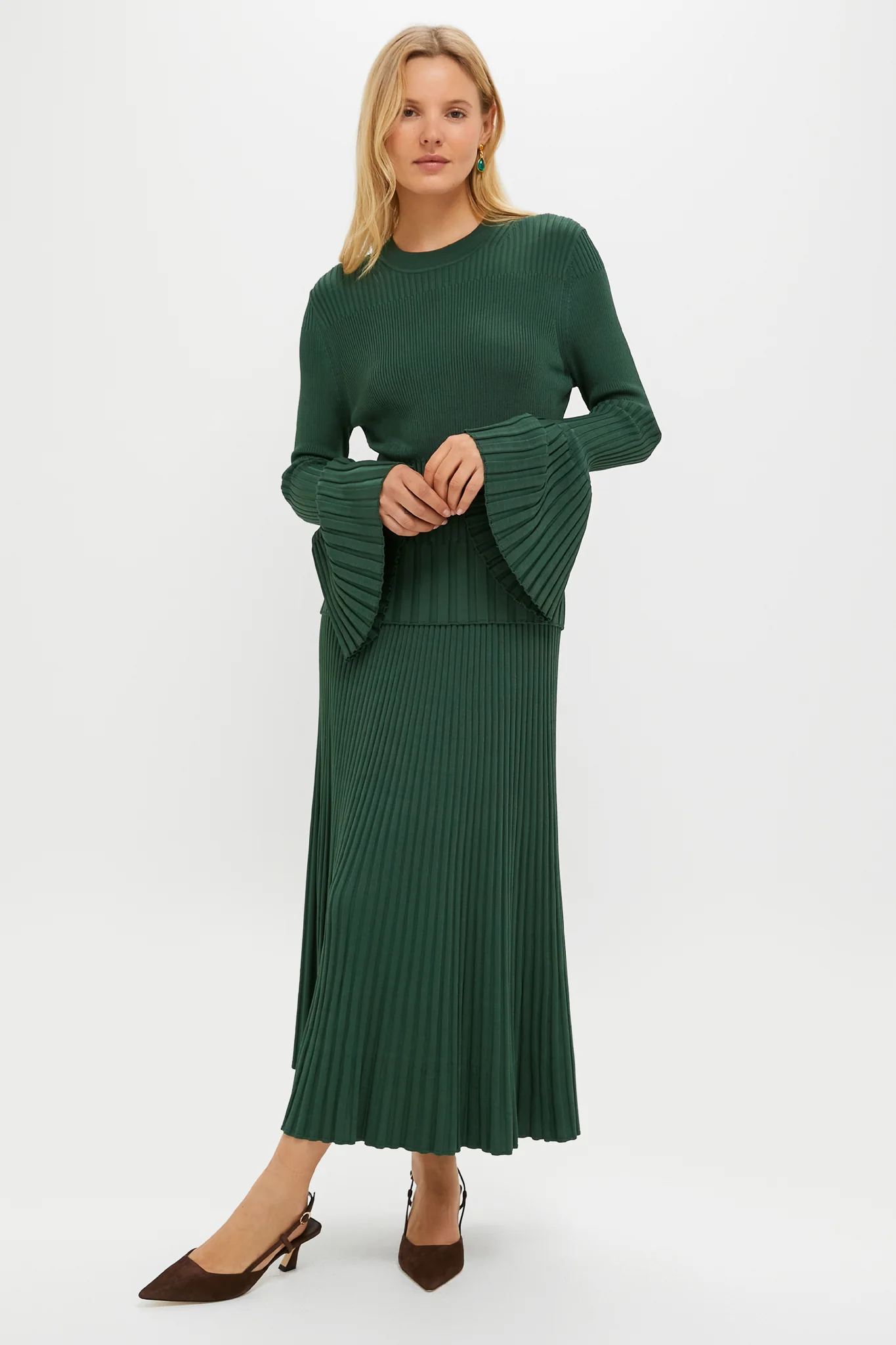 Dark Green Pleated Midi Skirt - Image 2