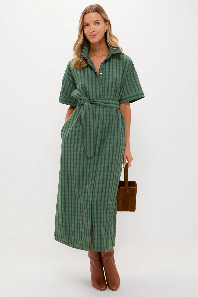 Dark Green Windowpane Seersucker Zacara Dress - Image 2