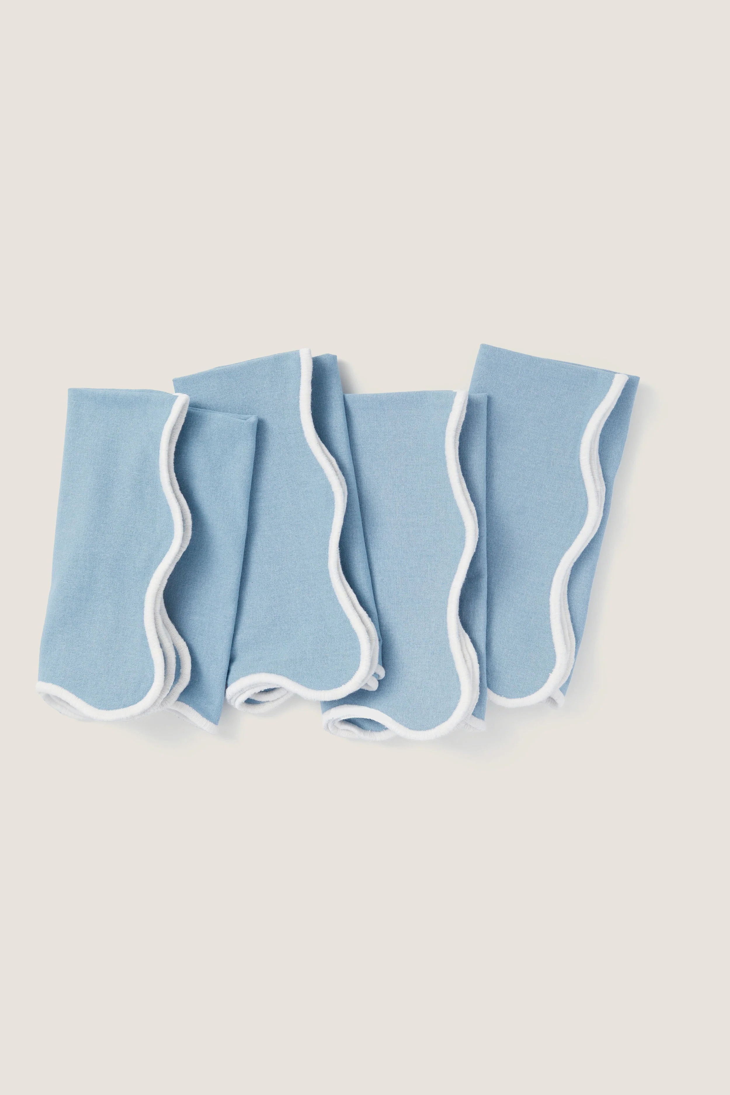 Dusty Blue and White Embroidered Scalloped Napkins Set of 4 - Image 4