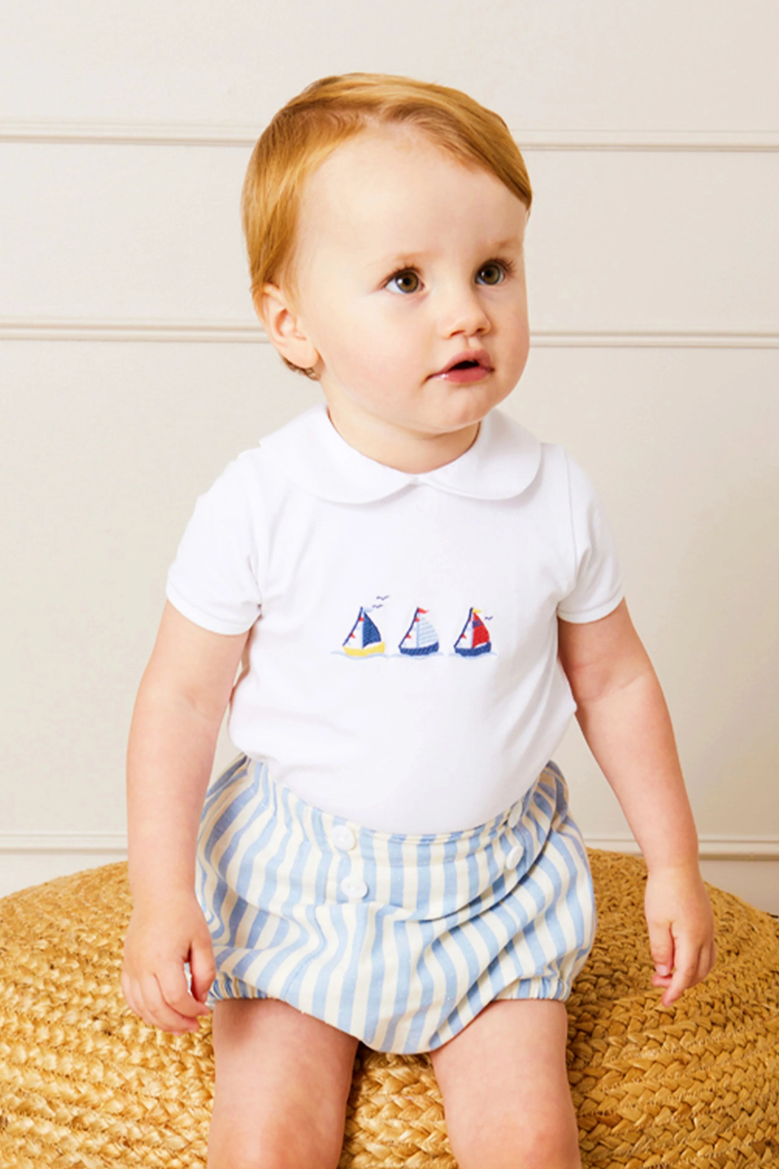 Embroidered Boat Motif Peter Pan Collar Bodysuit in White