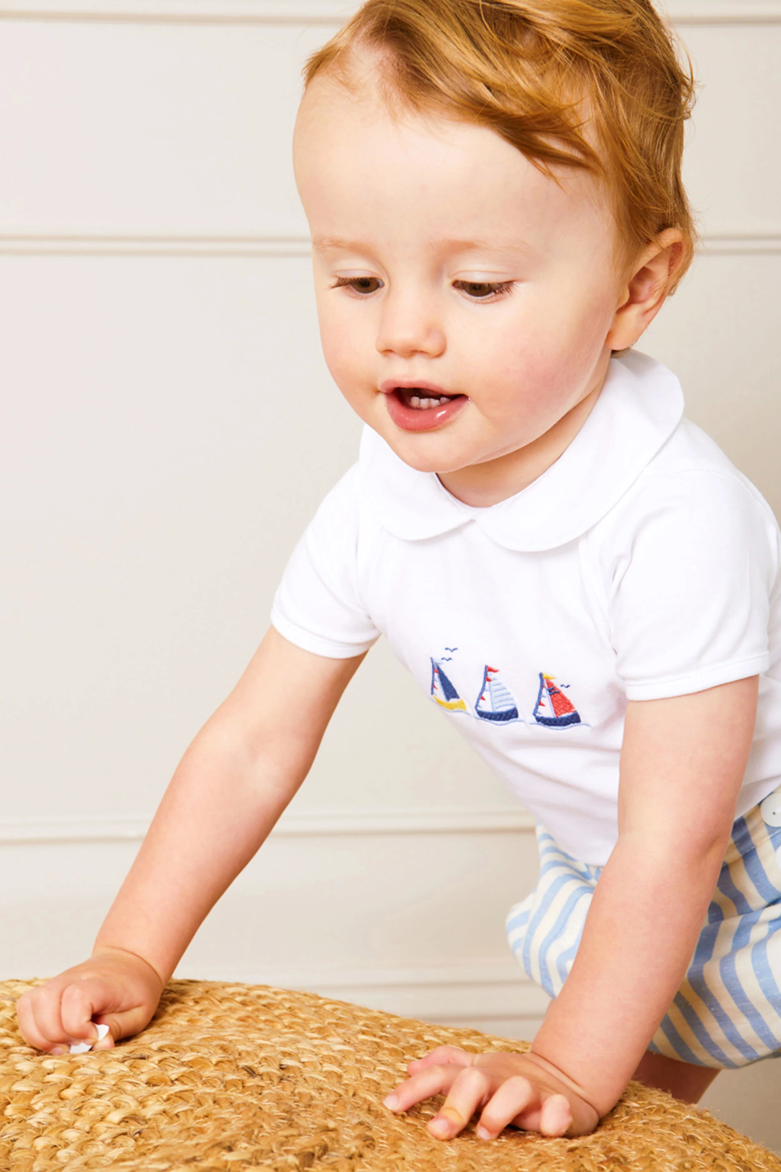 Embroidered Boat Motif Peter Pan Collar Bodysuit in White - Image 2