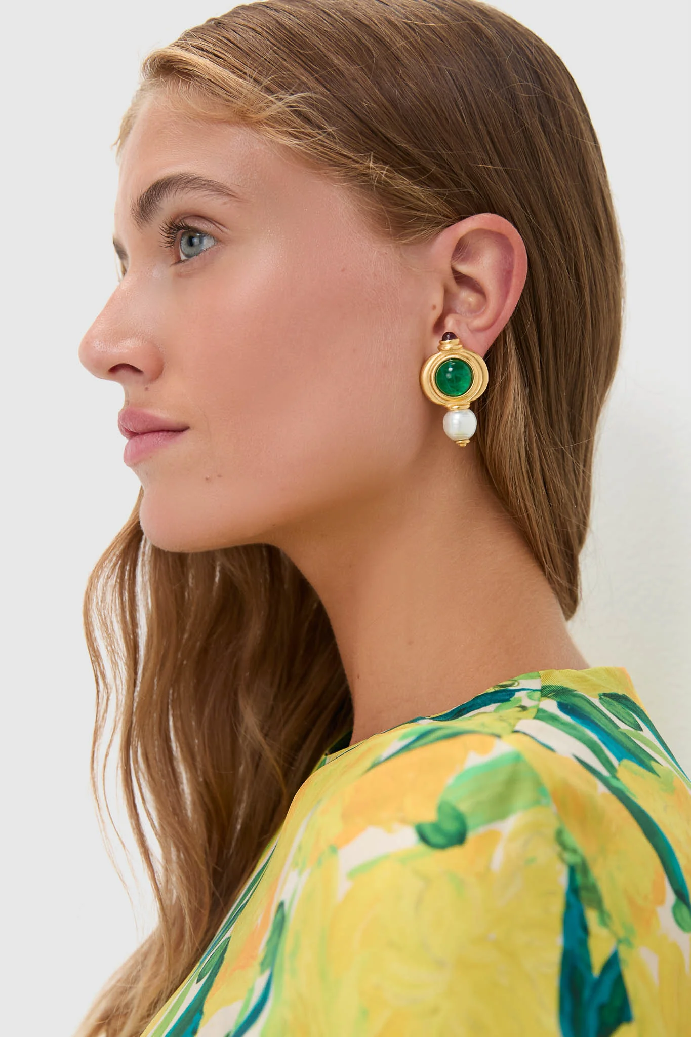 Emerald and Gold Pearl Earrings - Image 2