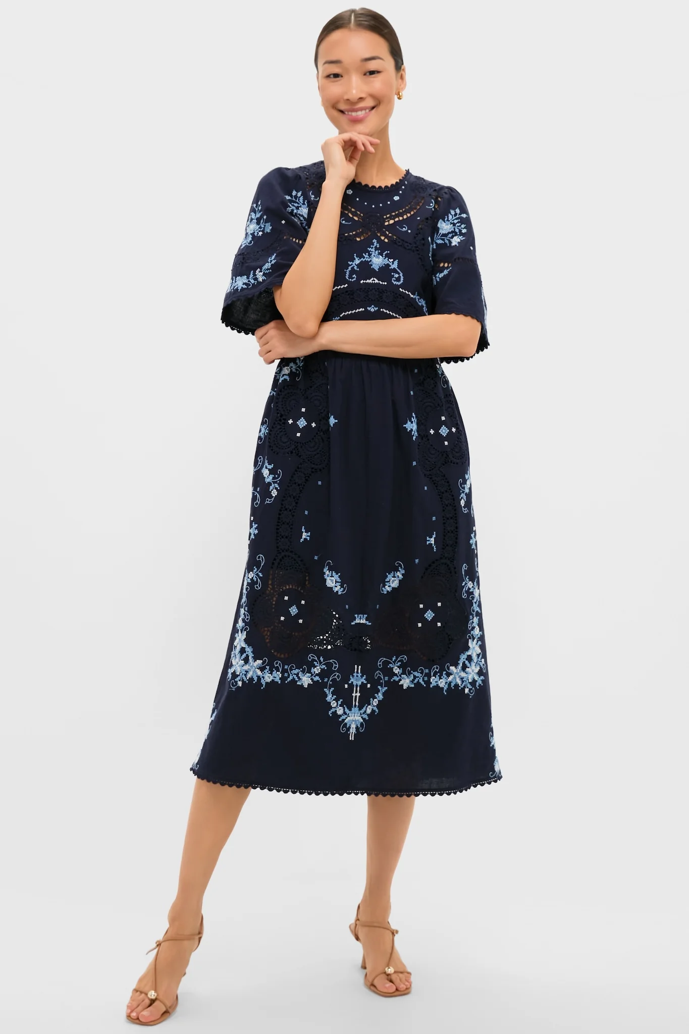 Exclusive Navy Edwina Embroidery Midi Dress - Image 3