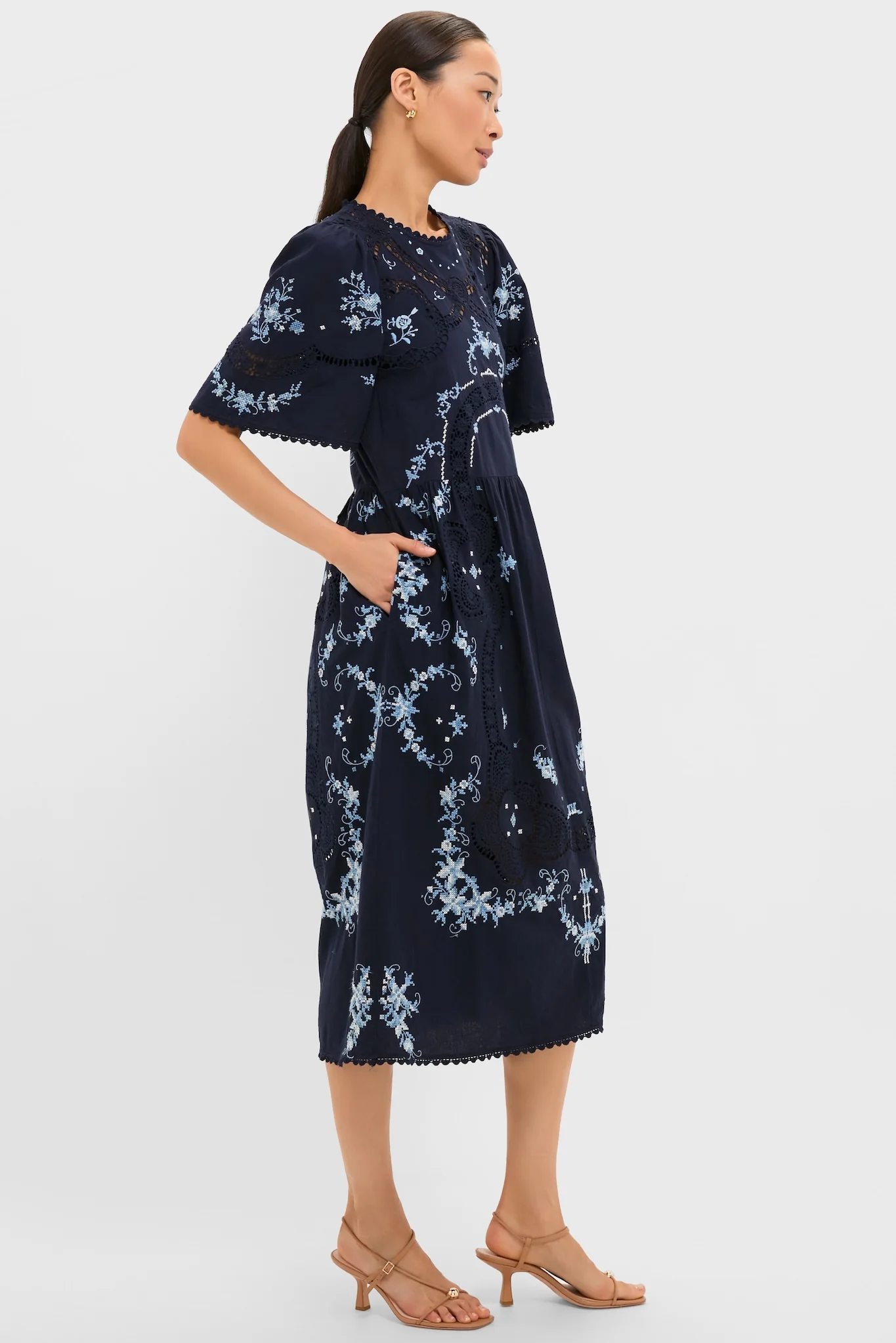 Exclusive Navy Edwina Embroidery Midi Dress - Image 4