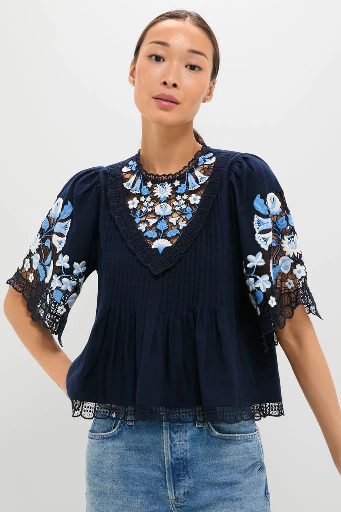 Exclusive Navy Edwina Embroidery Short Sleeve Top