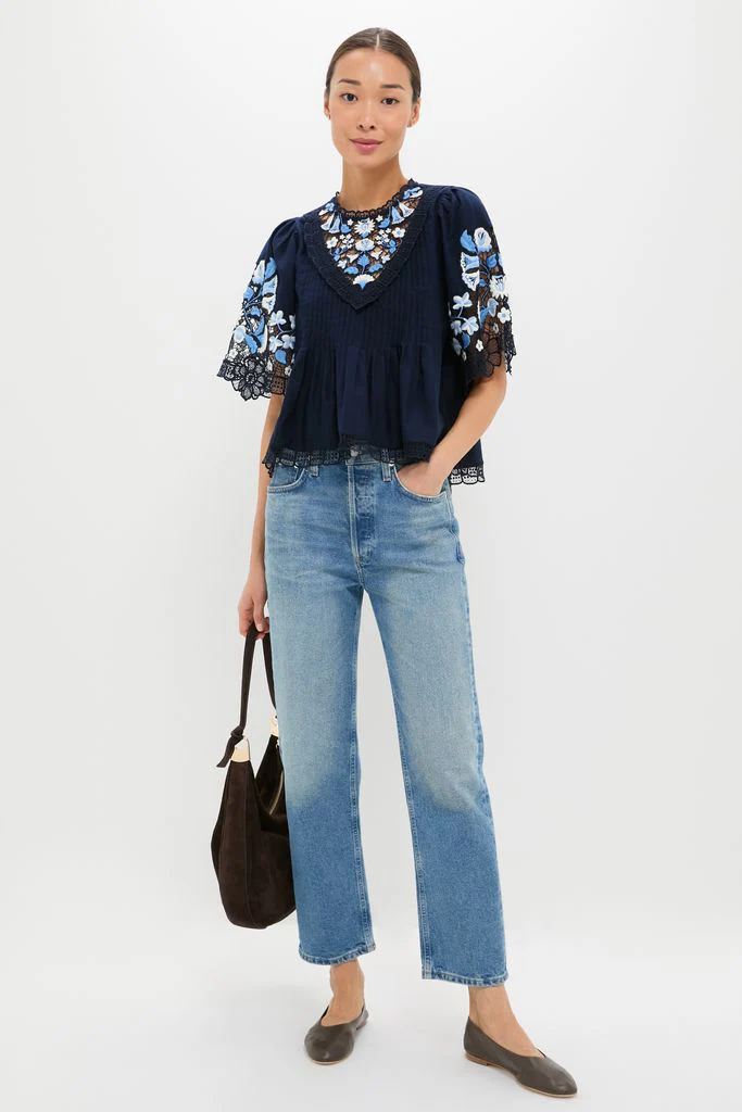 Exclusive Navy Edwina Embroidery Short Sleeve Top - Image 2